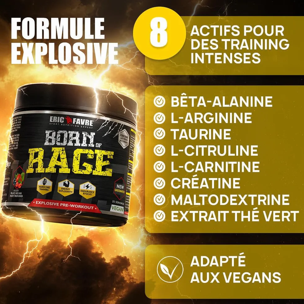 PRE- WORKOUT Born Of Rage - Polvere esplosiva vegana - Miglioramento muscolatura - Energia e resistenza - Anti fatica per allenamenti intensivi - Lotto di 2 x250 g - Laboratorio francese Eric Favre