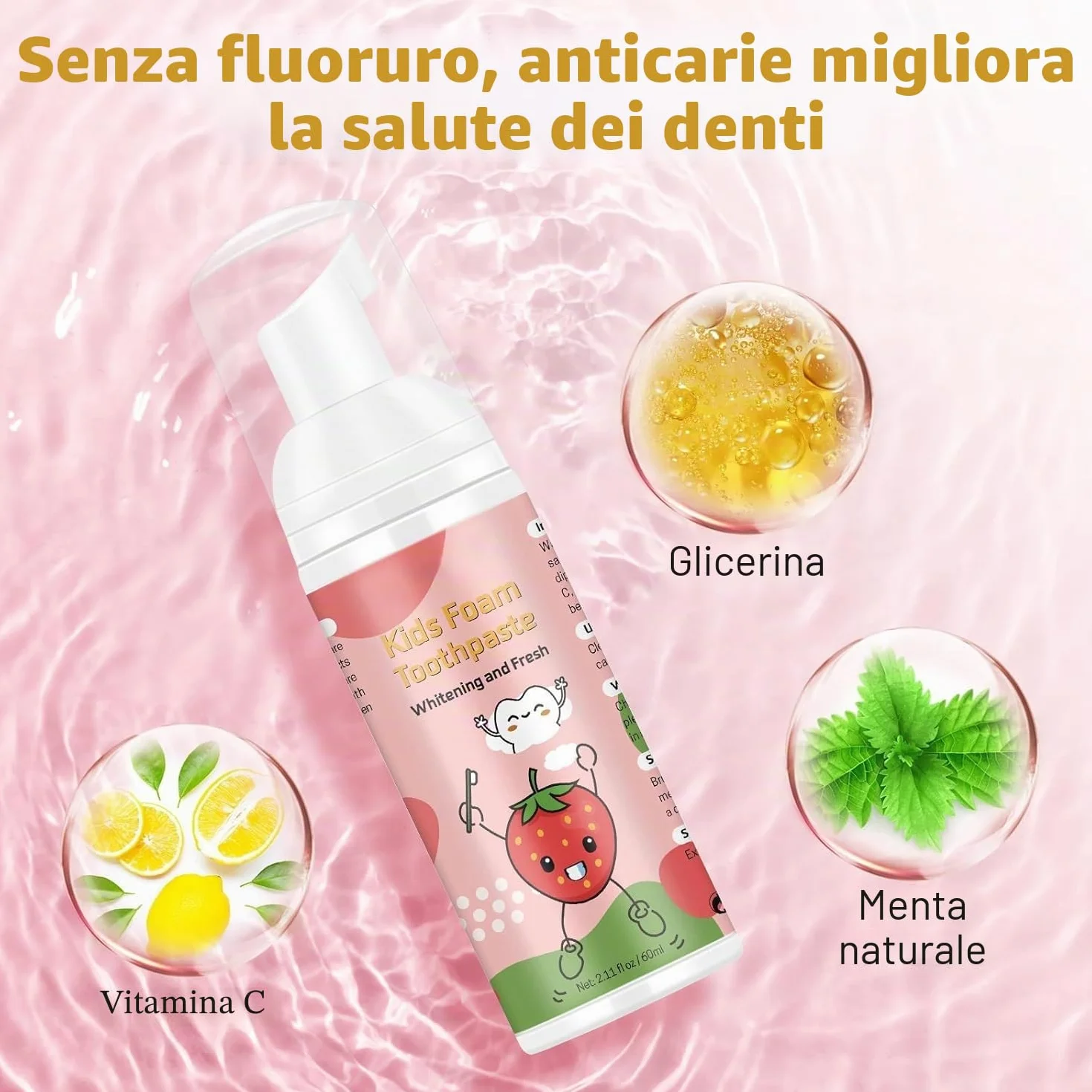 Dentifricio Schiuma Bambini, Riduce la Placca, Dentifricio in Schiuma Sbiancante a Basso Contenuto di Fluoro con Formula Naturale per Spazzolino a Forma di U dai 3 Anni in su (Fragola & Anguria)