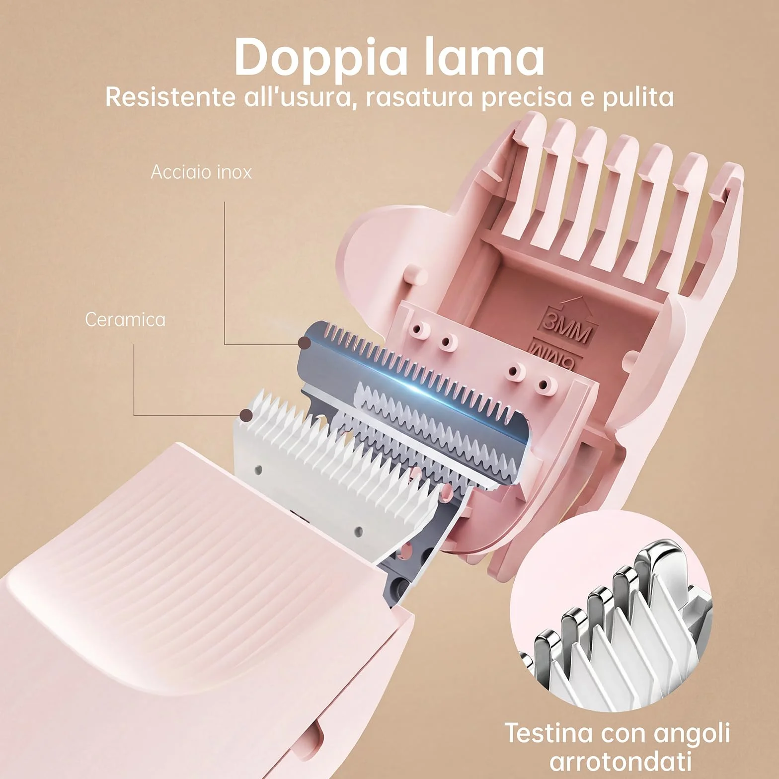 Rasoio Elettrico Donna 3 in 1 Ricaricabile USB per Viso Zone Intime Gambe Braccia Ascelle Bikini Pelli Sensibili Rosa
