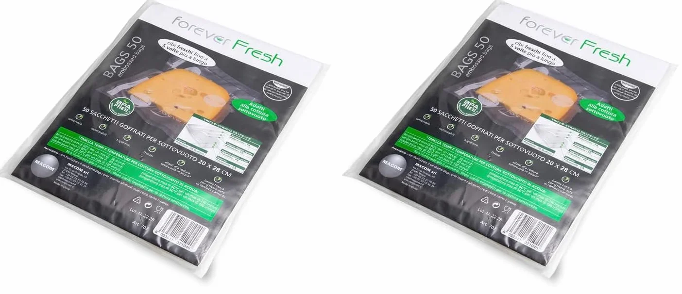 MACOM, Confezione 50 Sacchetti goffrati 20 x 28 cm per la conservazione Sottovuoto alimenti e cottura, Forever Fresh 702C, Bags 50 (Confezione da 2)