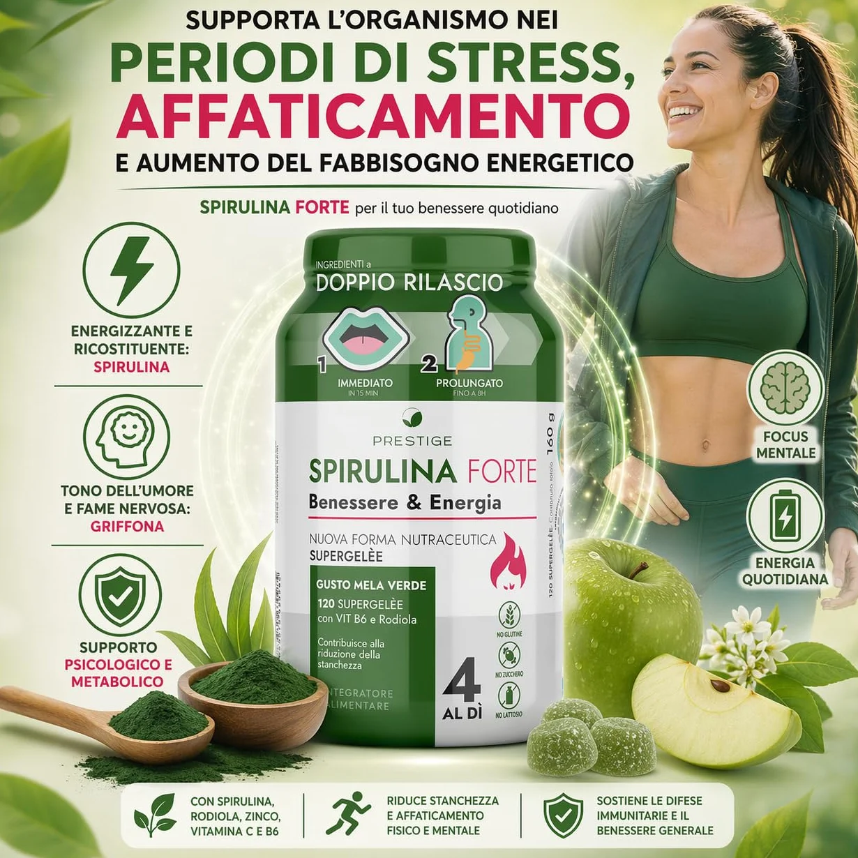 Spirulina Forte Integratore 120 Gommose Supergelée Mela Verde - Energia Focus Mentale Stanchezza Metabolico