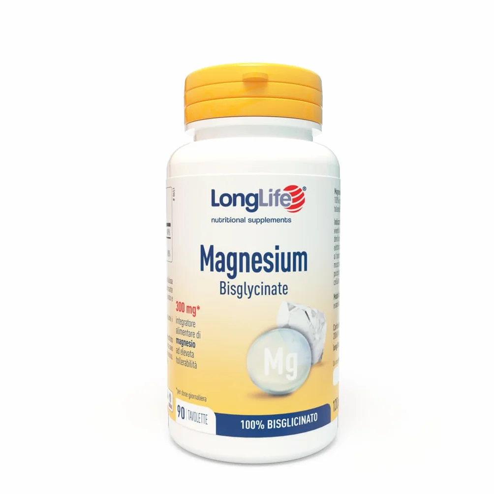 LongLife® Magnesium Bisglycinate | 100% magnesio bisglicinato | Elevata tollerabilità e biodisponibilità | Integratore di magnesio per rilassamento e stress | 90 tavolette | Vegano e senza glutine
