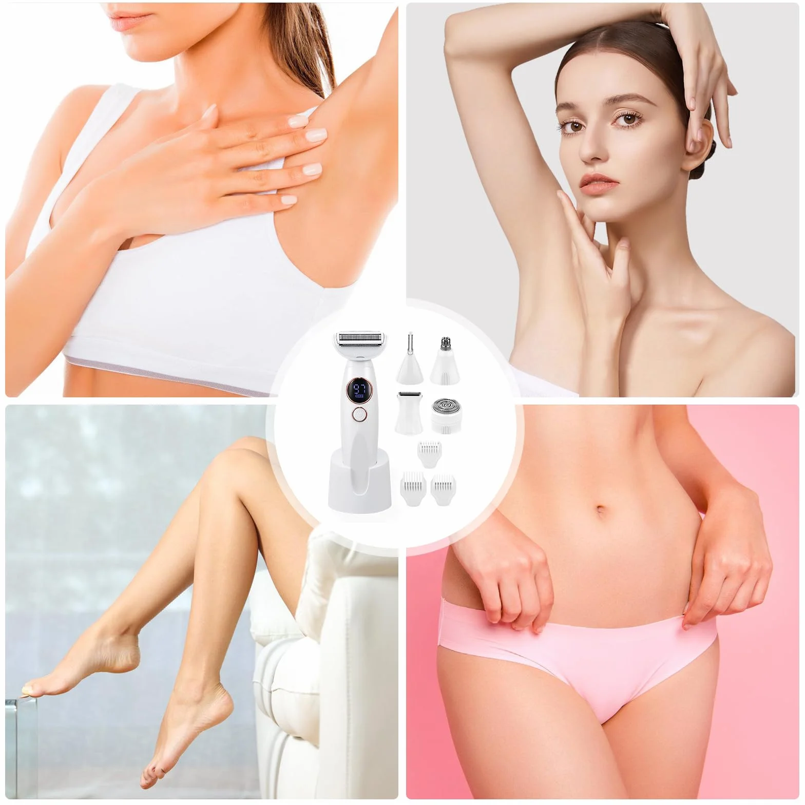 Rasoio elettrico da donna 5 in 1 rasoio intimo da donna IPX7 impermeabile per rasatura bagnata e asciutta, ricaricabile con USB, trimmer per zona bikini, ascelle, gambe e viso