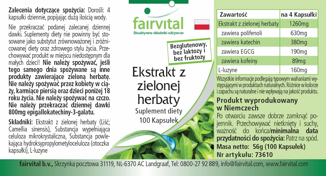 fairvital Estratto di tè verde, 100 capsule, facili da deglutire, polifenoli, catechine, EGCG e caffeina, ALTO DOSAGGIO, VEGANO, Camellia sinensis