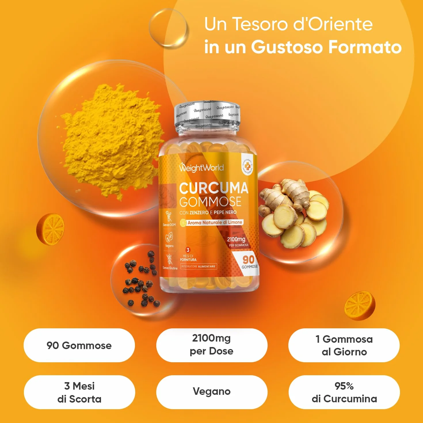 Curcuma Longa con Zenzero e Pepe Nero, 90 Gommose Vegane, 2100mg, 95% Curcuminoidi, Senza Glutine