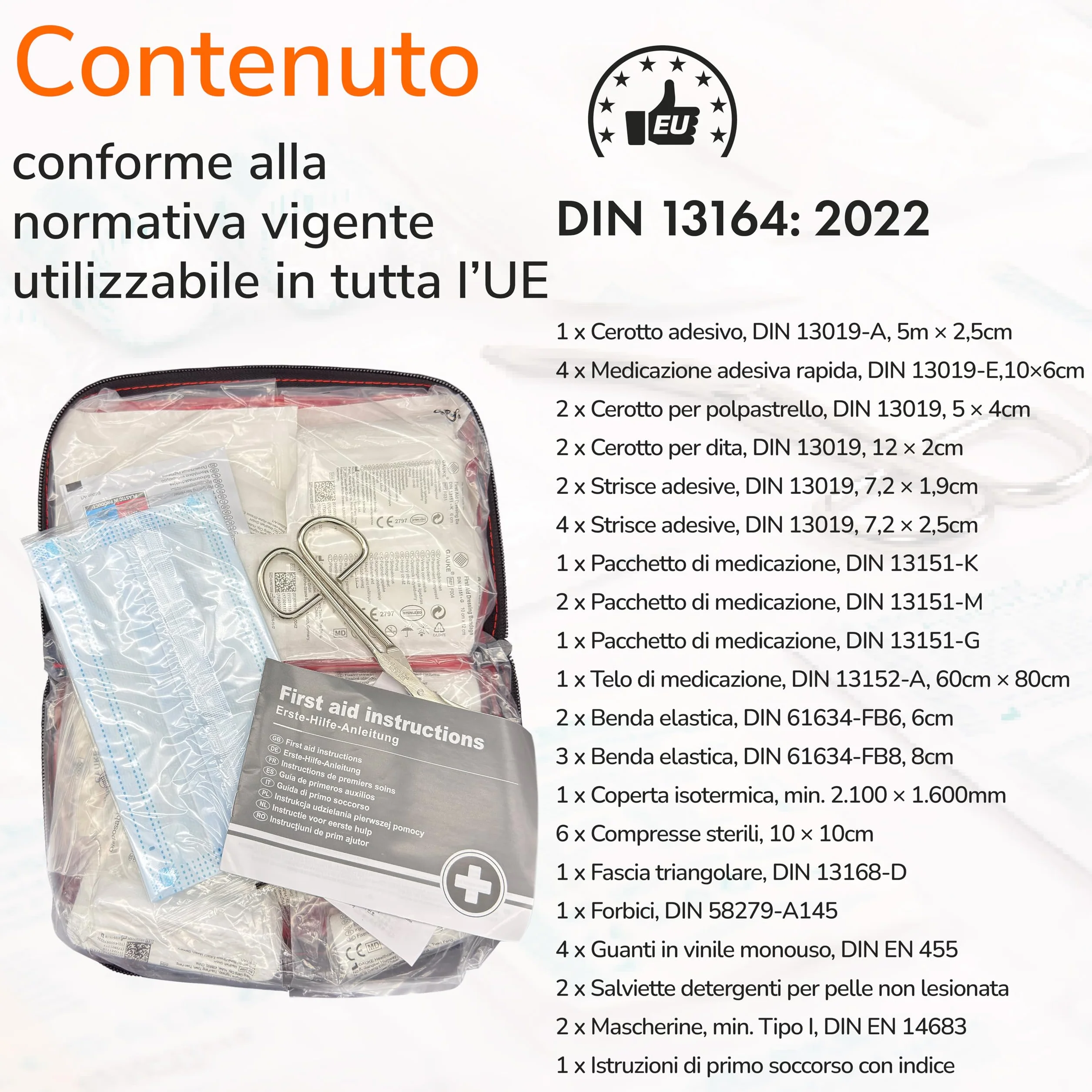 Kit di Primo Soccorso Auto 2026 DIN 13164 Set Valido in Tutta Europa Borsa di Medicazione