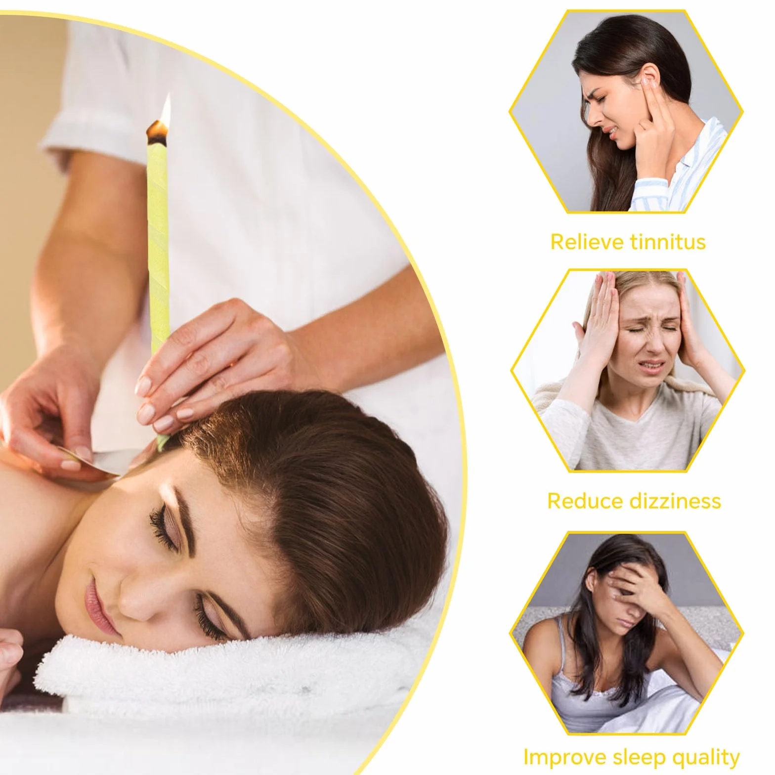 Coni Orecchie Cerume, 10 Candele Orecchie Cerume, Candele Naturali Auricolari in Cera D'api, Per Rilassare la Pelle, Ridurre lo Stress, Migliorare il Sonno (Giallo)