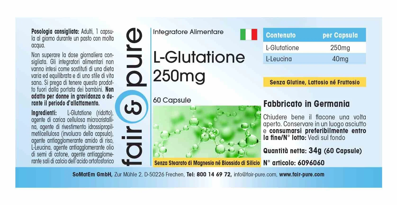 Fair & Pure® - L-Glutatione 250 mg - Ridotto - Biodisponibile - Vegan - 60 Capsule