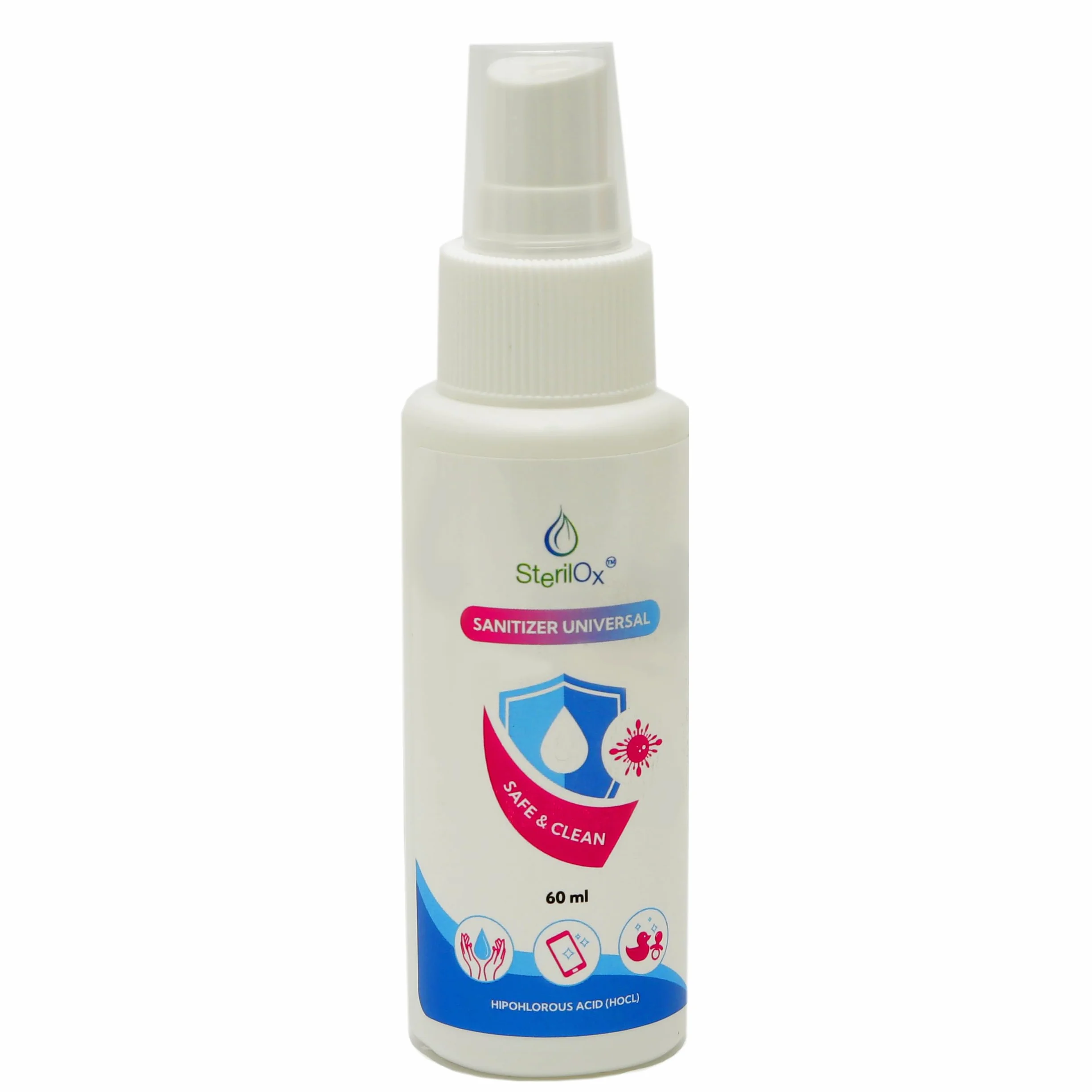 Spray cosmetico antisettico 60 ml senza alcool senza profumo con acido ipocloroso HOCl per mani giocattoli piatti