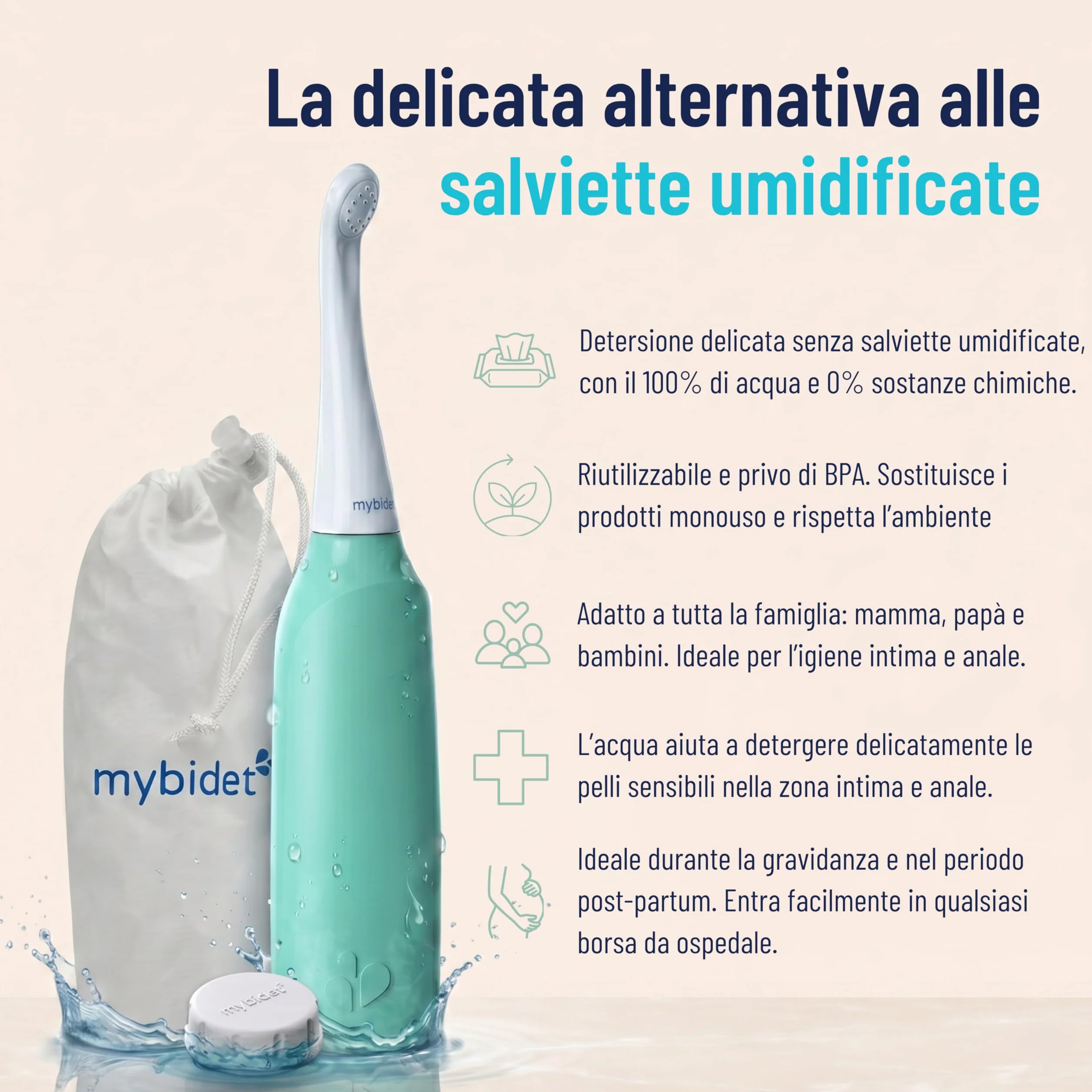 Doccia intima per glutei, 0% chimica, 100% acqua, senza batterie, sostenibile