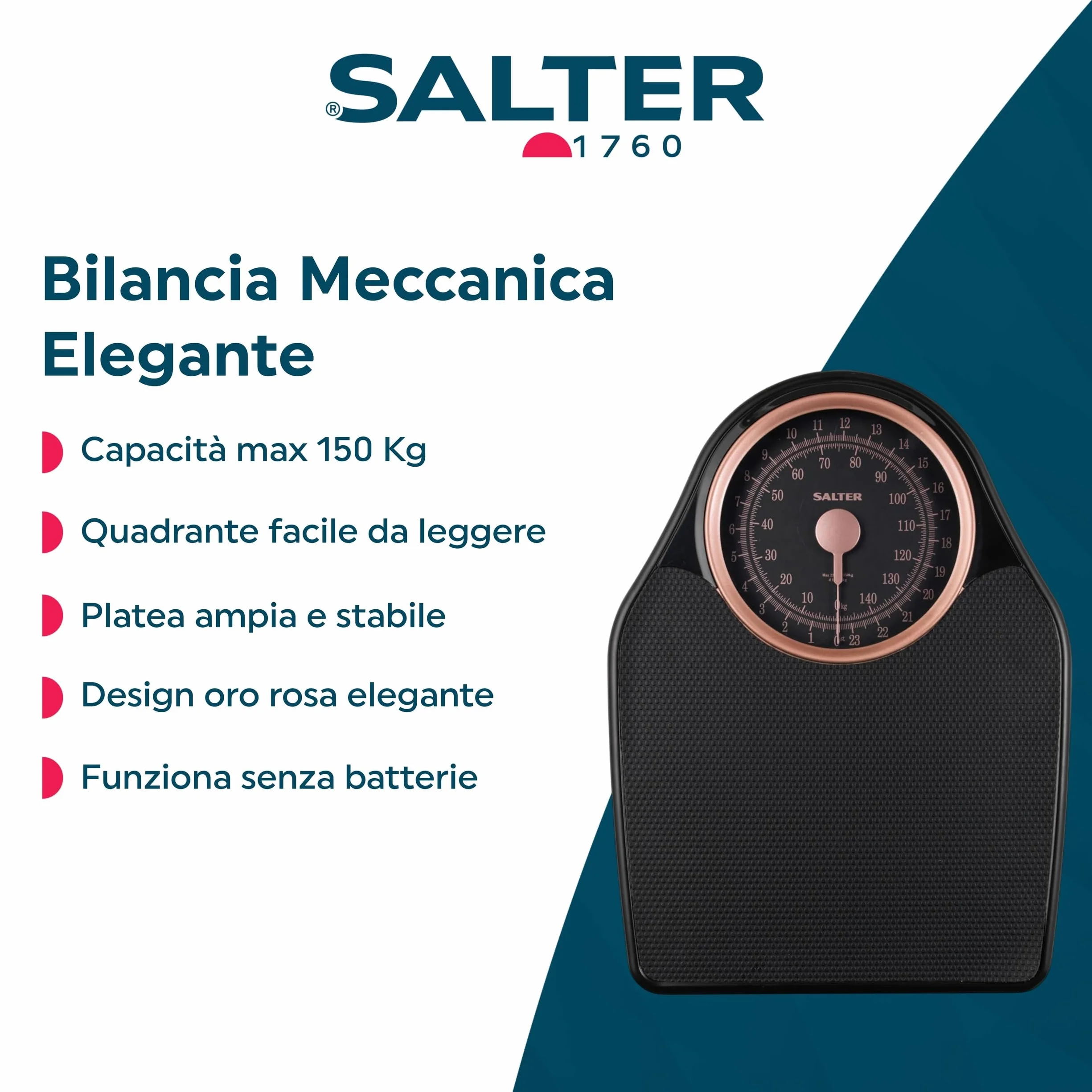 Salter 145 RGFEU16 Bilancia meccanica Doctor Style - capacità massima 150 Kg, quadrante di facile lettura con puntatore rotante, ampia piattaforma con tappetino in vinile, senza batteria, oro rosa
