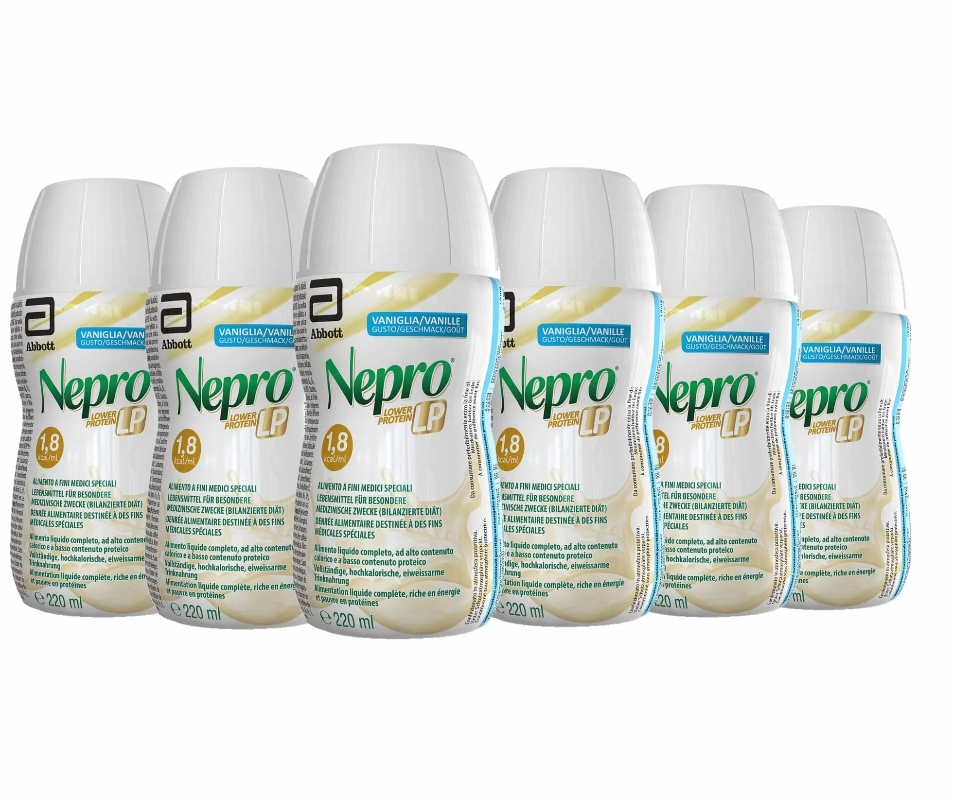 Abbott Nutrition Abbott Nepro LP Alimento ad Alta Densità Calorica e Ridotto Contenuto Proteico Formato Bevanda, Confezione 6 x 220 ml, Gusto Vaniglia