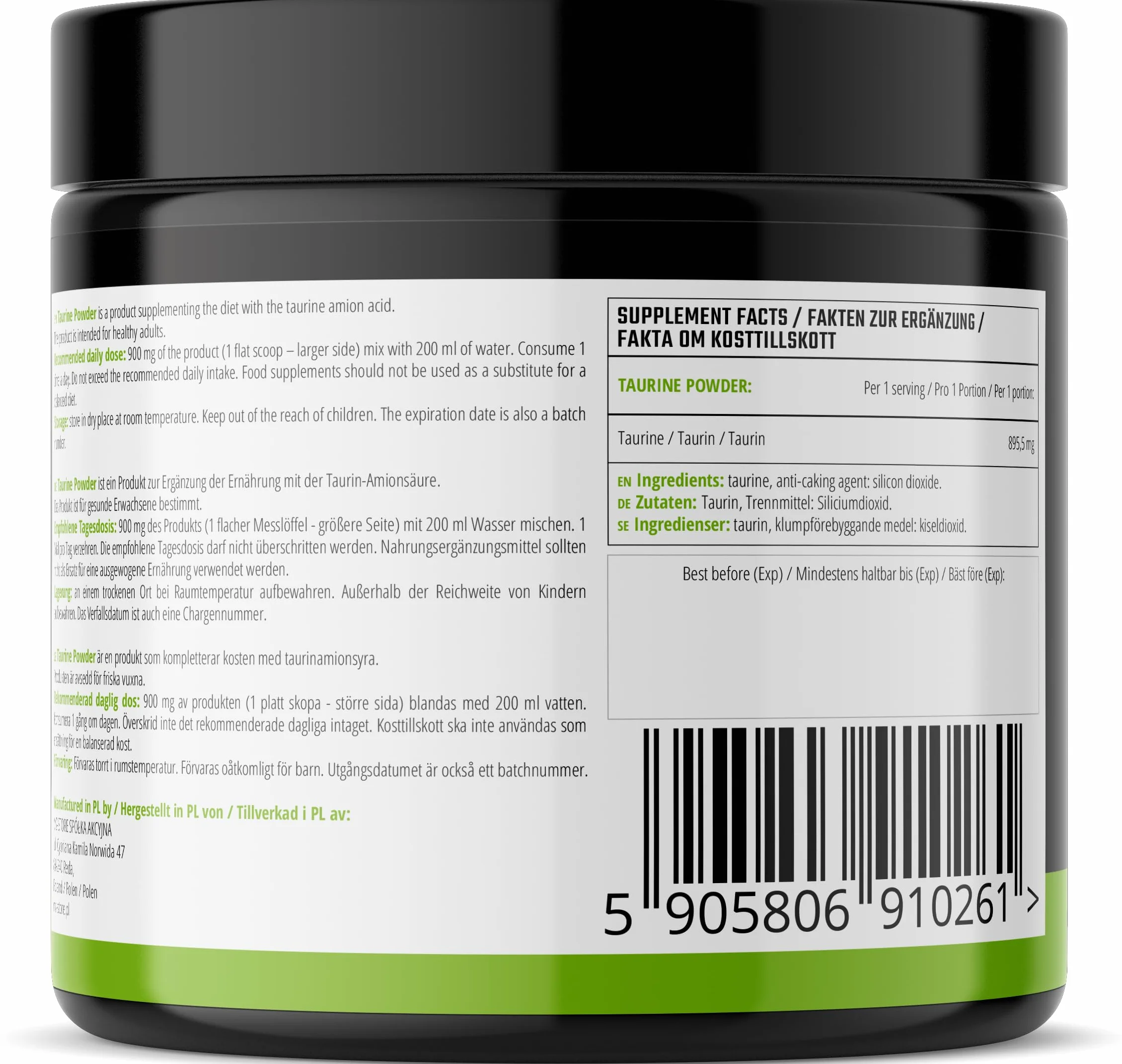 Taurina in polvere 250 g - Aminoacido Taurina 900 mg per porzione - 277 dosi per confezione - Integratore alimentare - da MZ
