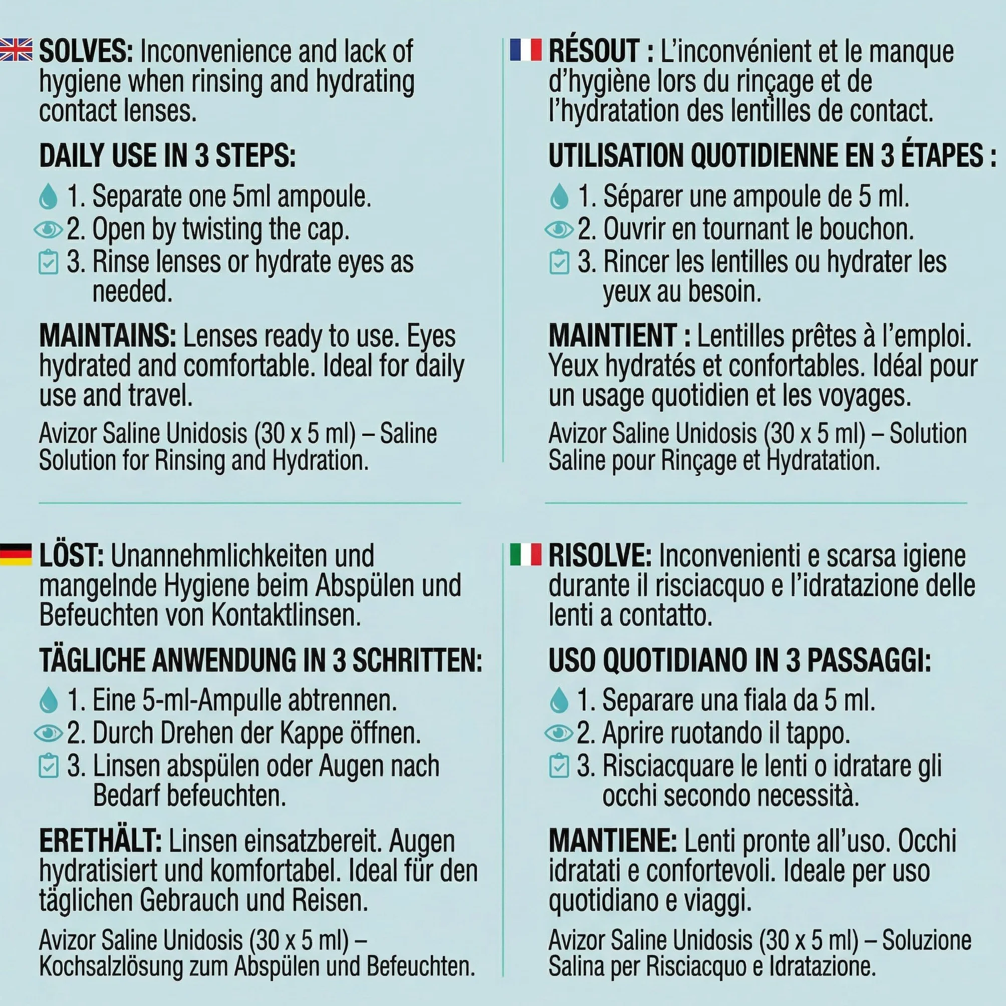 Avizor Soluzione Salina per tutti i tipi di lenti a contatto - 30 Ampolle