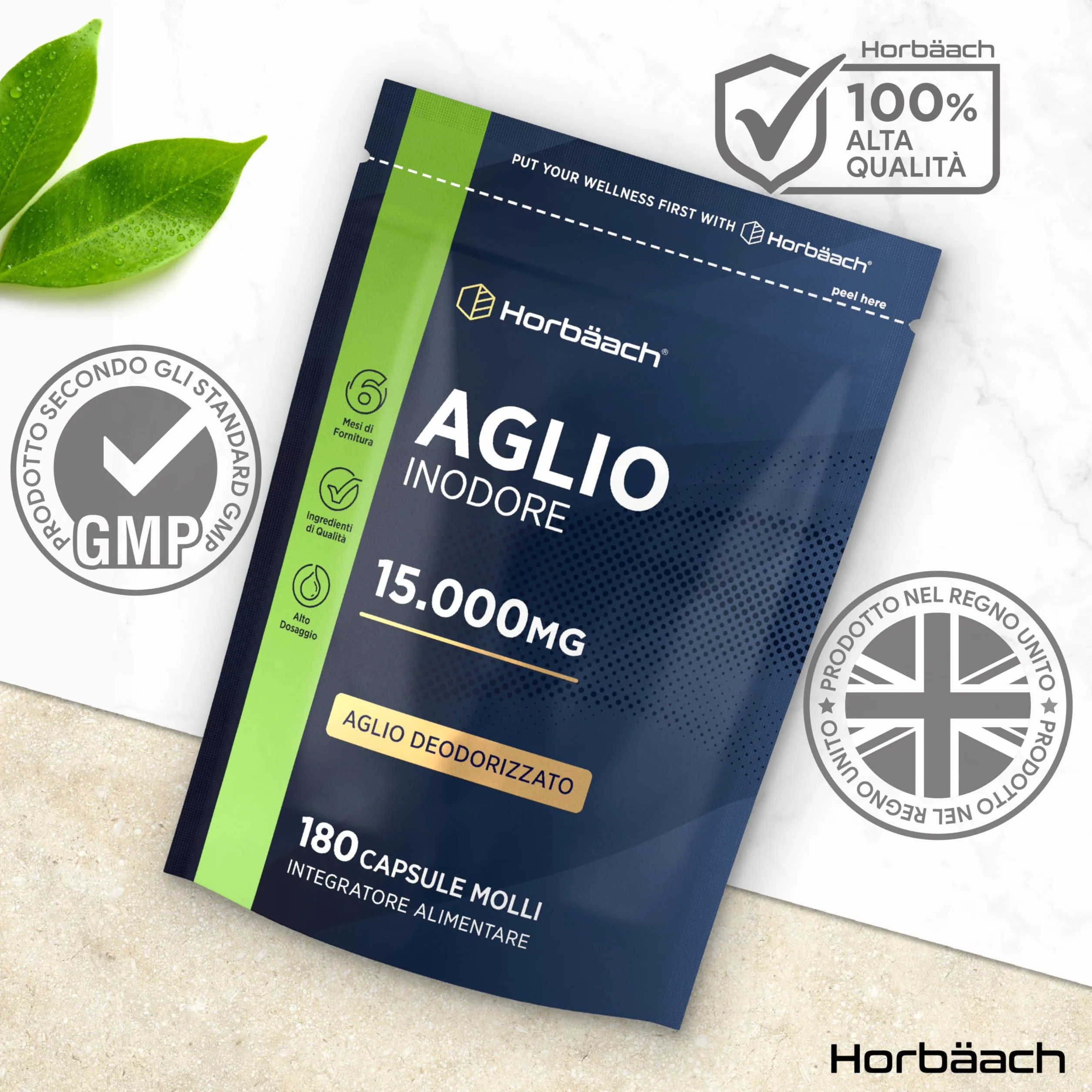 Aglio Capsule Inodore 15000mg | 180 Capsule Molli per 6 Mesi | Estratto di Aglio Deodorizzato ad Alto Dosaggio | Ricavato da Allium Sativum | Odorless Garlic Softgels | by Horbaach
