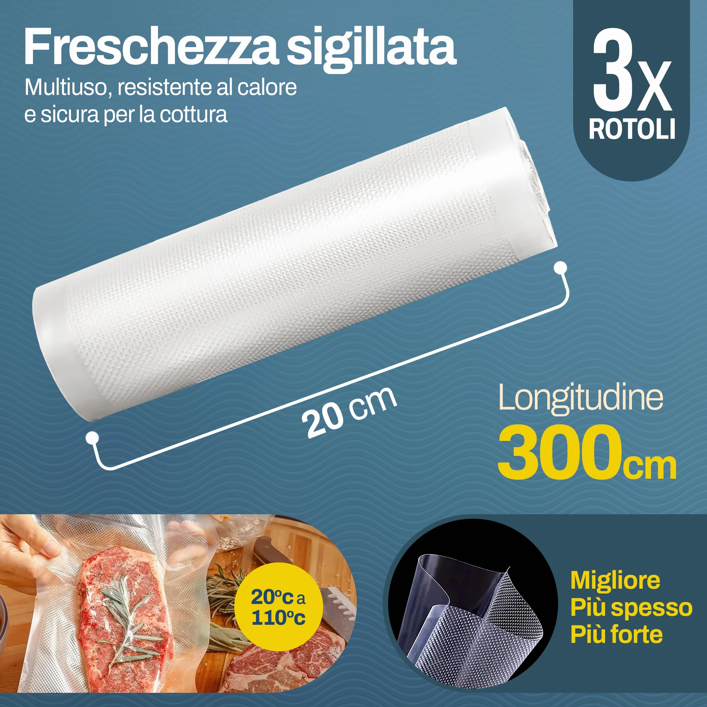 PORTENTUM Sacchetti Sottovuoto Alimenti, 3 rotoli 20 x 300 cm 9 m per conservazione e Sous Vide