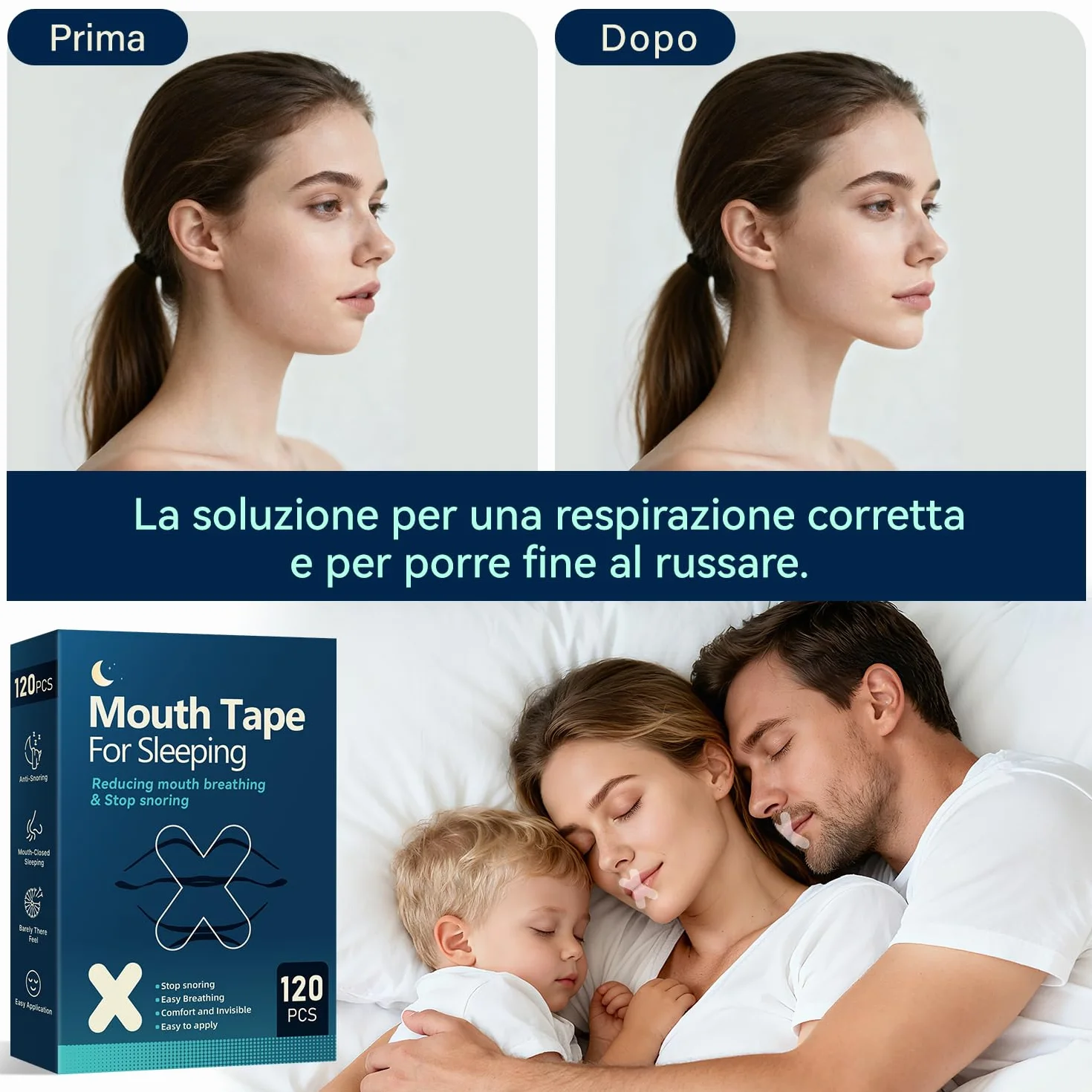 Mouth Tape for Sleeping, 120 Pezzi, Antirussamento, Migliora la Respirazione Nasale