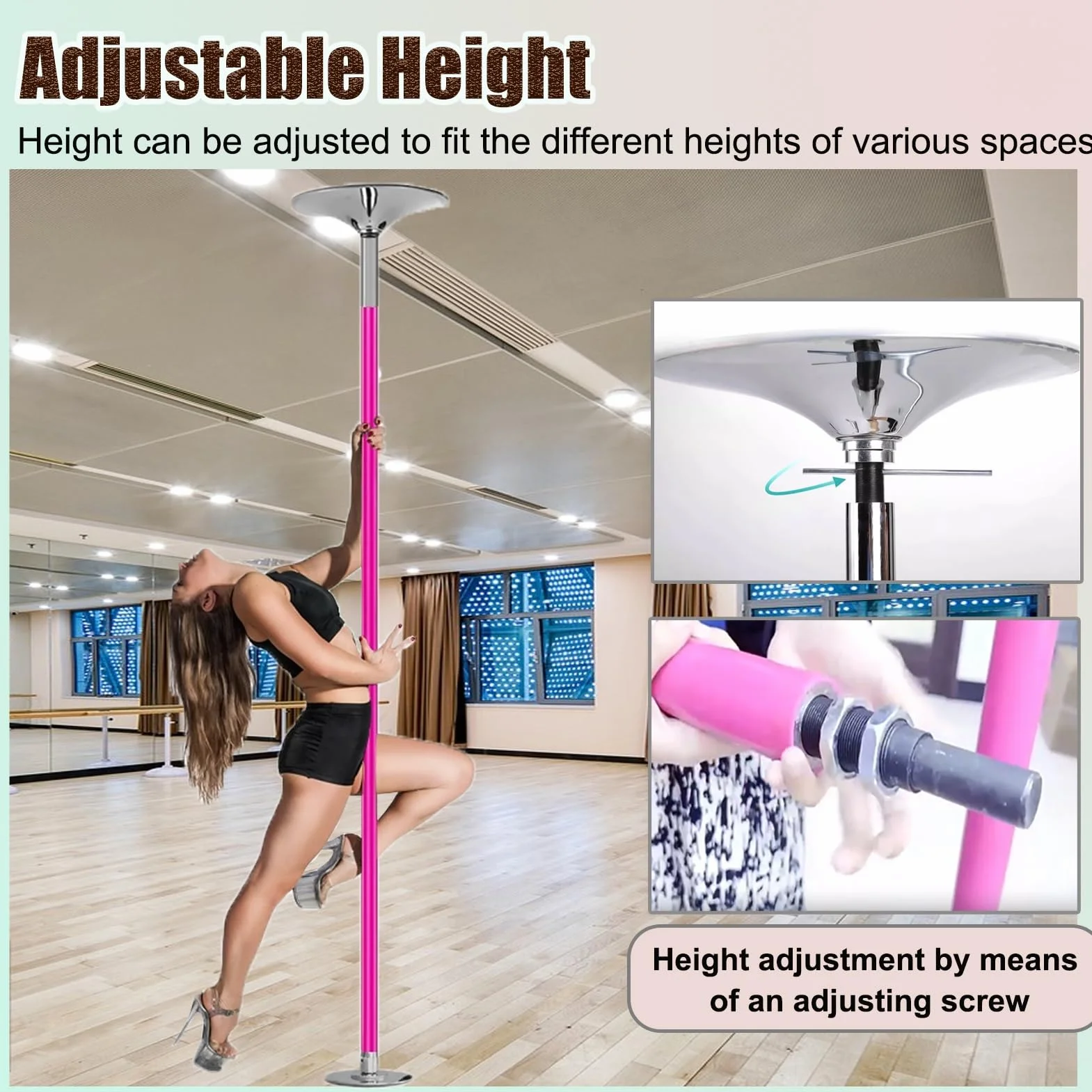 Palo Pole Dance da Casa Rotante da 45 mm con Prolunga Piastra Fissa 2.3-2.75 m Set Rosa