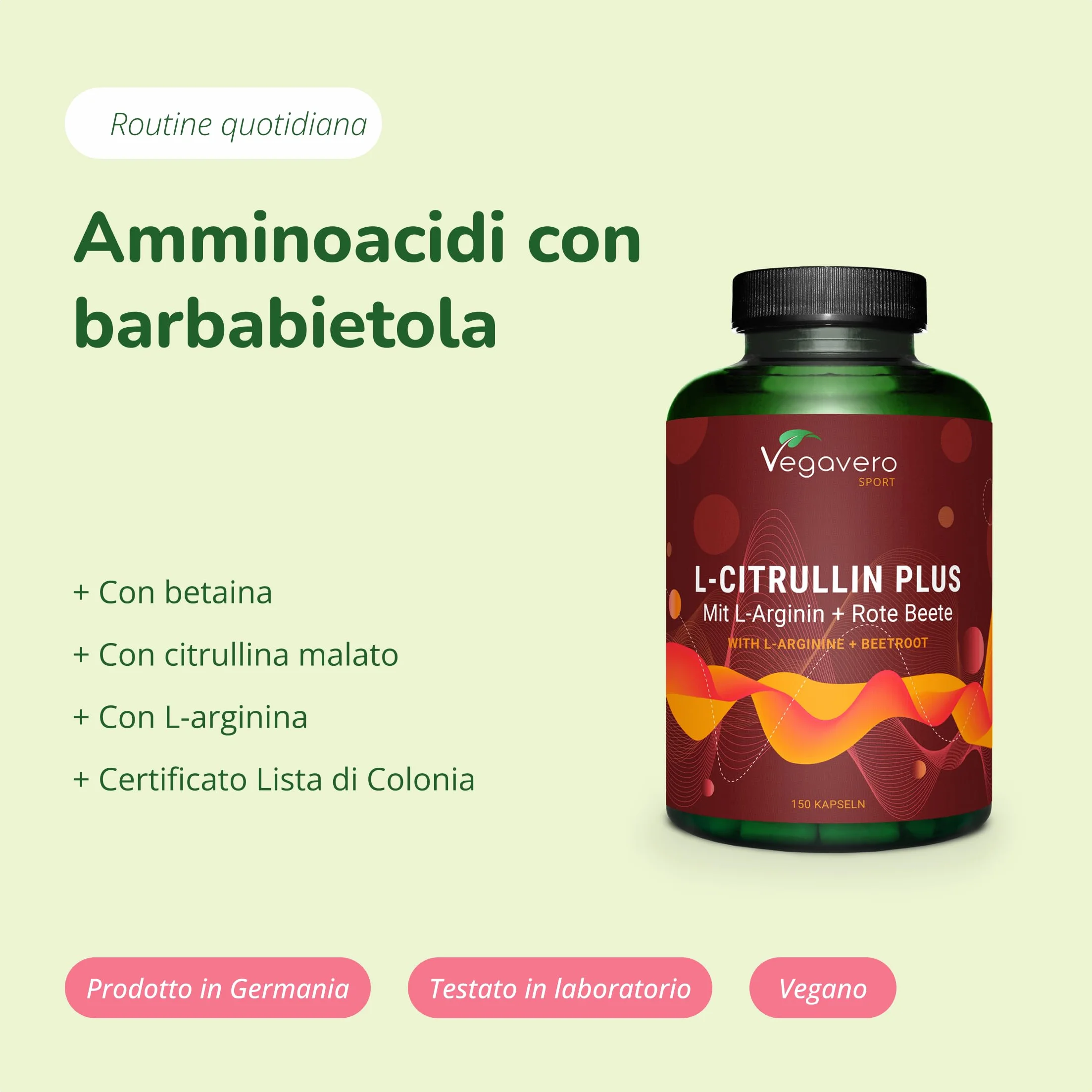 Vegavero L-Citrullina + L-Arginina | 2946 mg di Citrullina Malato (AMINOFERMENT) | con Barbabietola (Betaina) | Senza Additivi | Performance Sportiva e Massa Muscolare | 150 capsule | Vegan