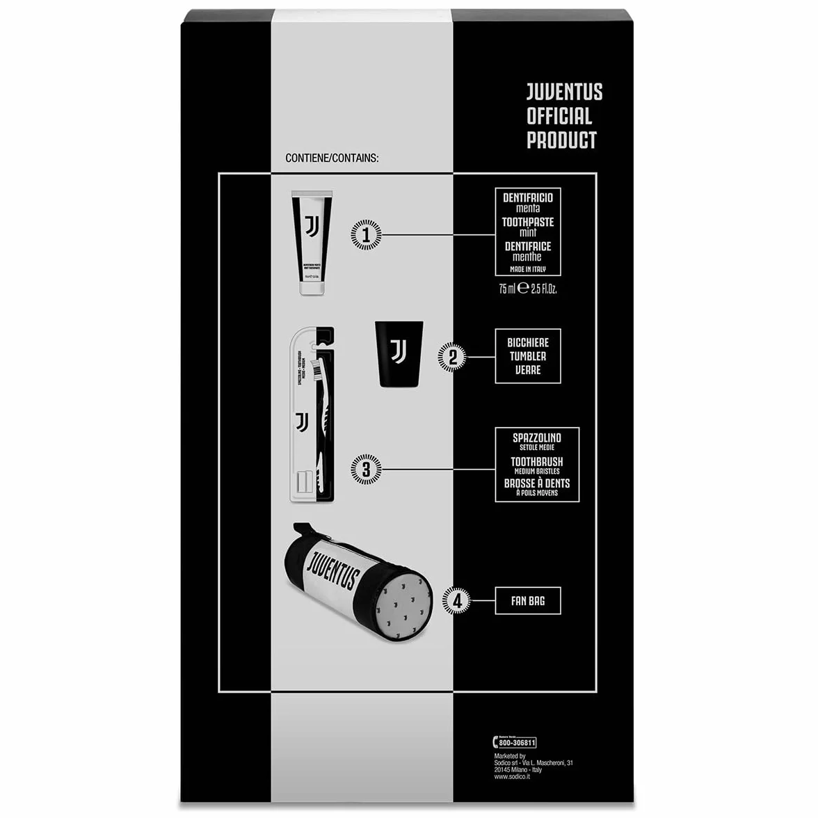 Naturaverde | Kids - Football Team - Juventus Oral Care Kit, Spazzolino da Denti Manuale con Setole Medie, Dentifricio alla Menta da 75ml, Bicchierino con Logo e Astuccio con Logo