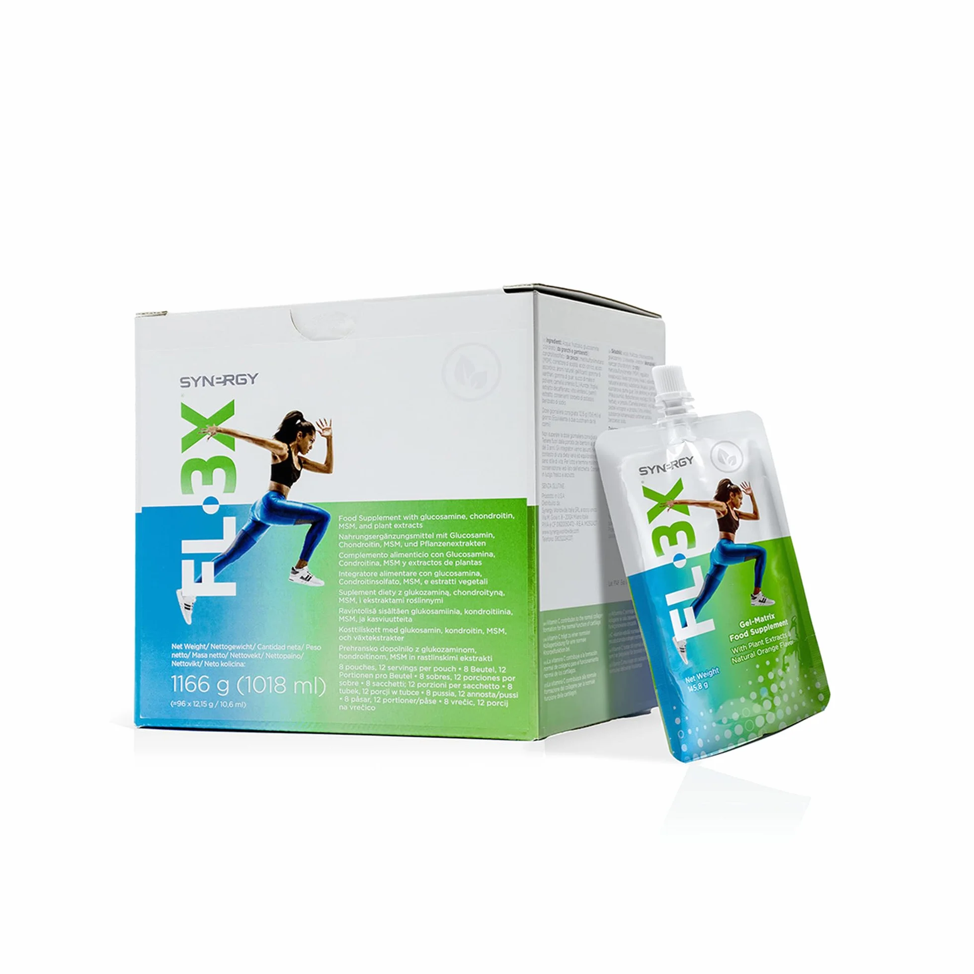 Synergy WorldWide FL-3X | Integratore sportivo con 500 mg di glucosamina, 300 mh di condroitina e 125 mg di MSM | Salute della mobilità articolare | Senza glutine | 8 bustine | 96 dosi per confezione