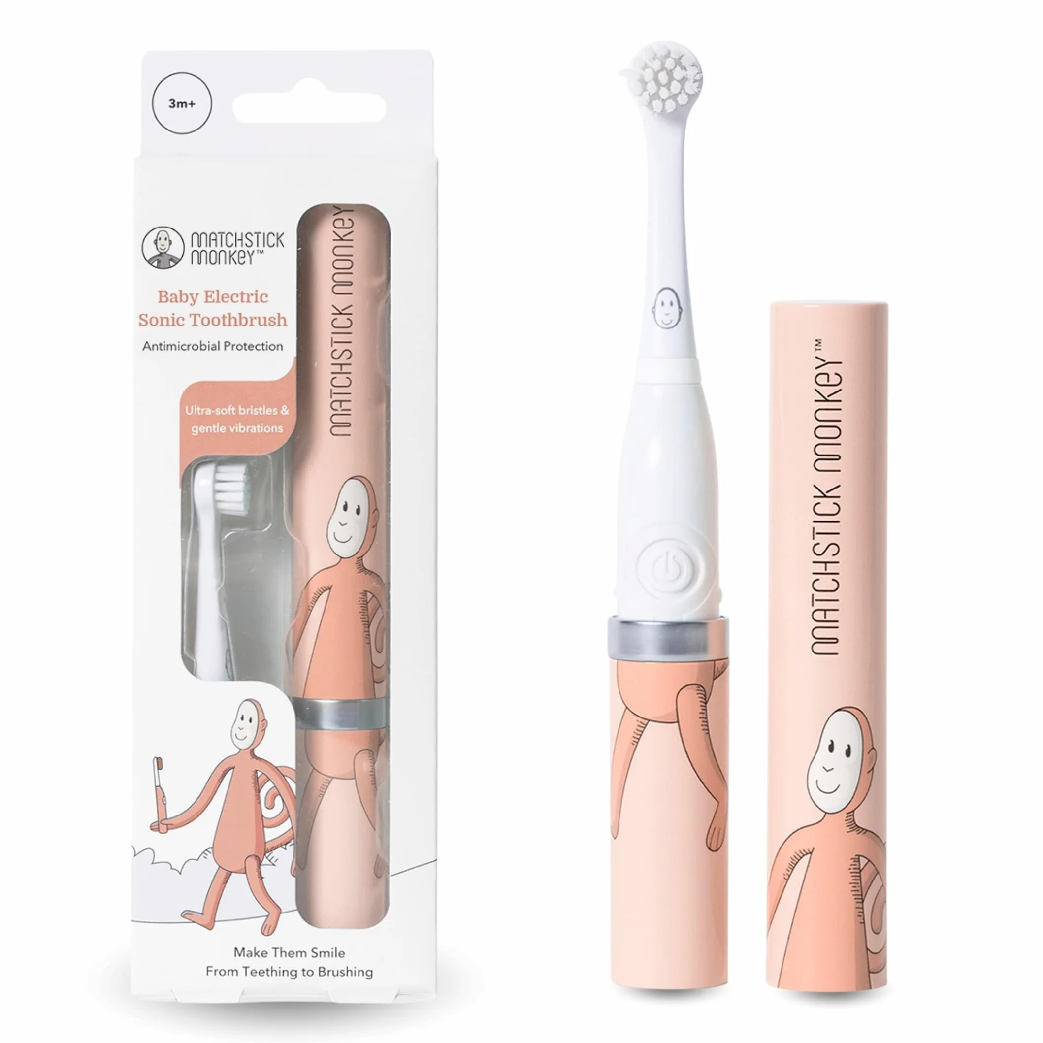 Matchstick Monkey Baby Electric Sonic Toothbrush, Antimicrobial Protection, Suitable from 3 Months, Dusty Pink