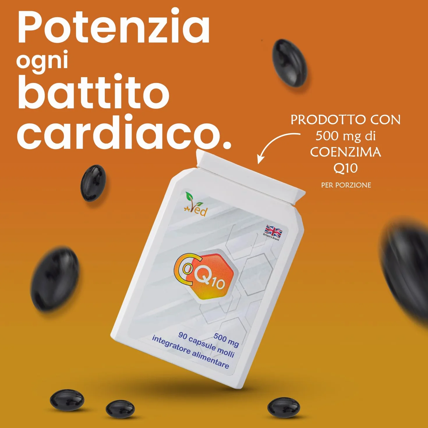 CoQ10 500 mg | Coenzima Q10 | Massima forza | Coenzima Ubichinone fermentato naturalmente | Formula naturale superiore | 500mg 90 Softgel di VED