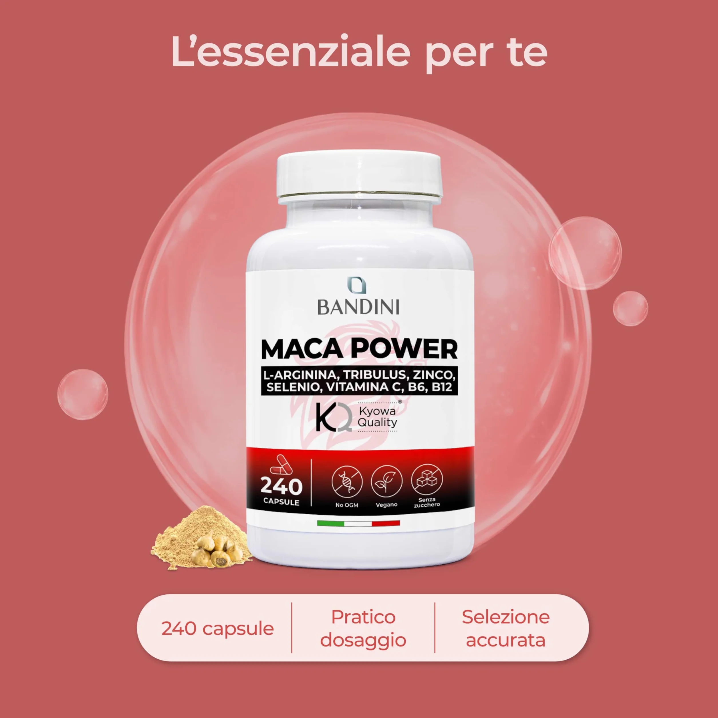 Bandini® MACA POWER 240 Capsule, Maca Peruviana 100% Vegan, Complesso ad Alto Dosaggio con Arginina Kyowa®, Tribulus, Vitamina C, Zinco, B6, B12 e Selenio, Stanchezza Fisica e Mentale, Energia, Sport