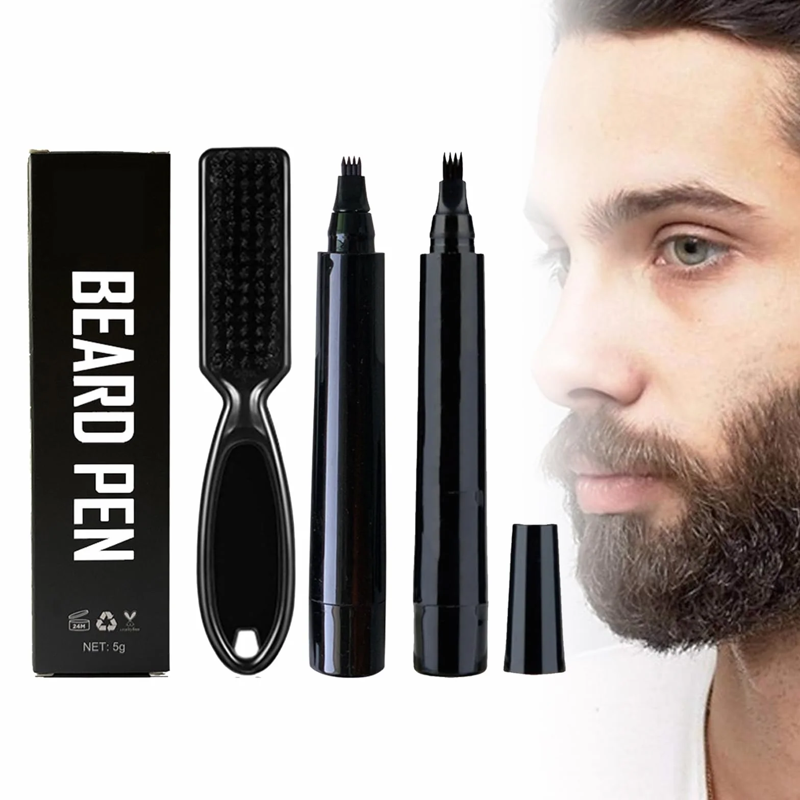 Penna per Barba Uomo,Kit Matita Riempitiva per Barba da Uomo,Penna per Riempimento Barba,Beard Filling Pen,Riempimento Barba Impermeabile,Matita per Barba e Pennello per Barba,Nero