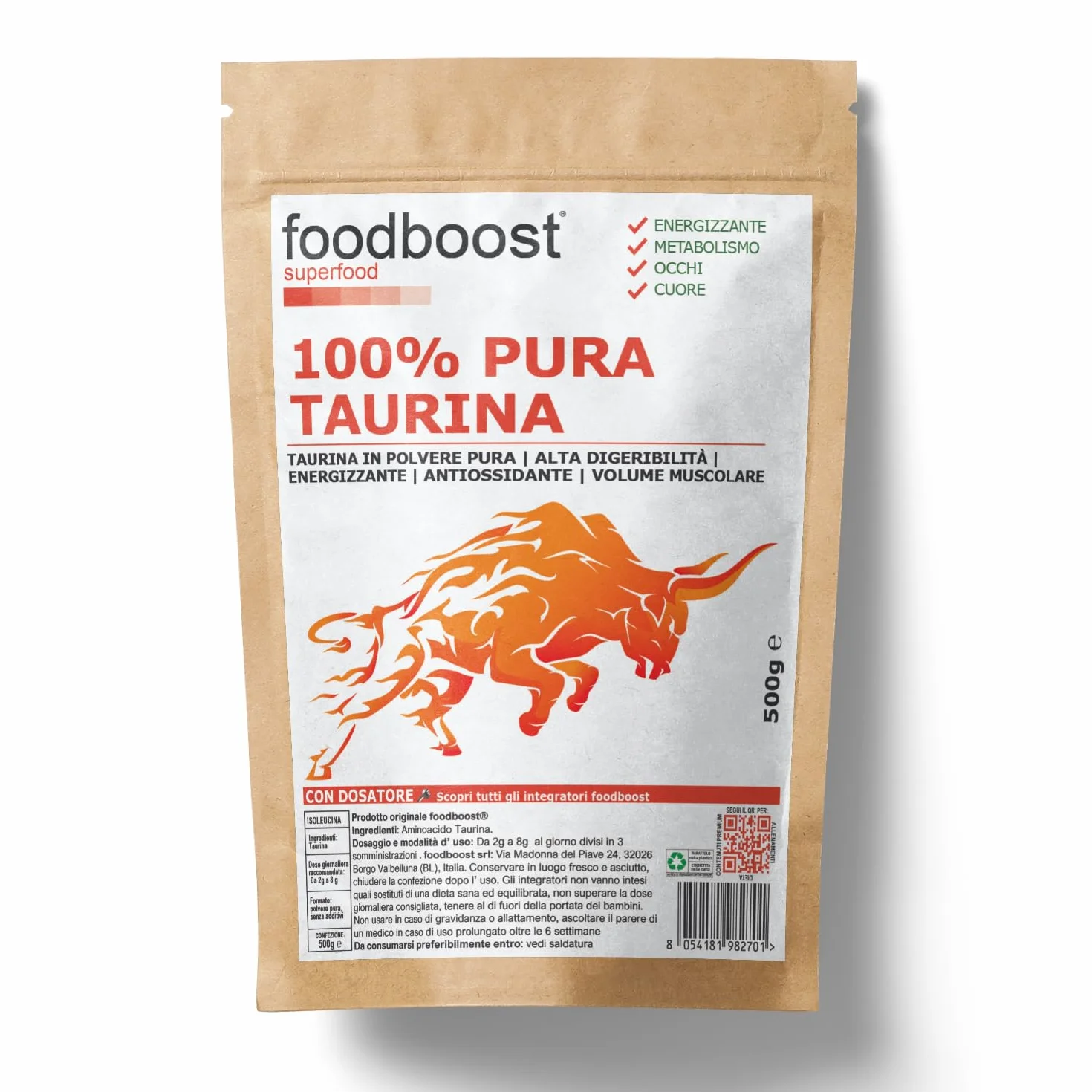 Taurina pura in polvere 500 g foodboost - Ø additivi, dosatore - ipertrofia muscolare - libido - vista, marchio di fiducia italiano, integratore taurina pre workout/post workout - 500 DOSI