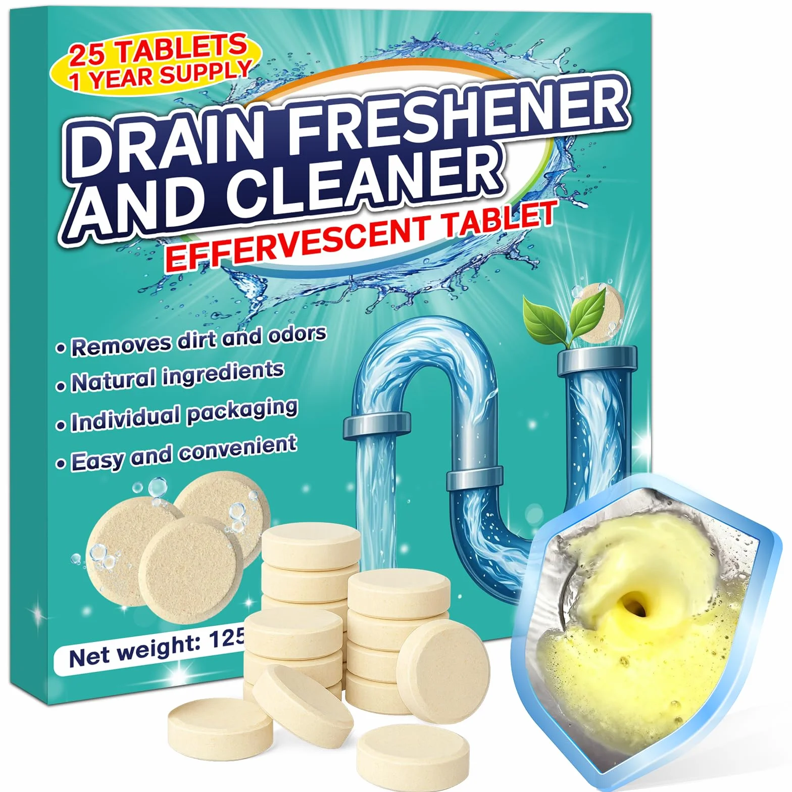 Pastiglie per la Pulizia degli Scarichi Maleodoranti 25 Compresse Effervescenti Elimina Odori Lavandino WC Doccia Cucina PVC Acciaio