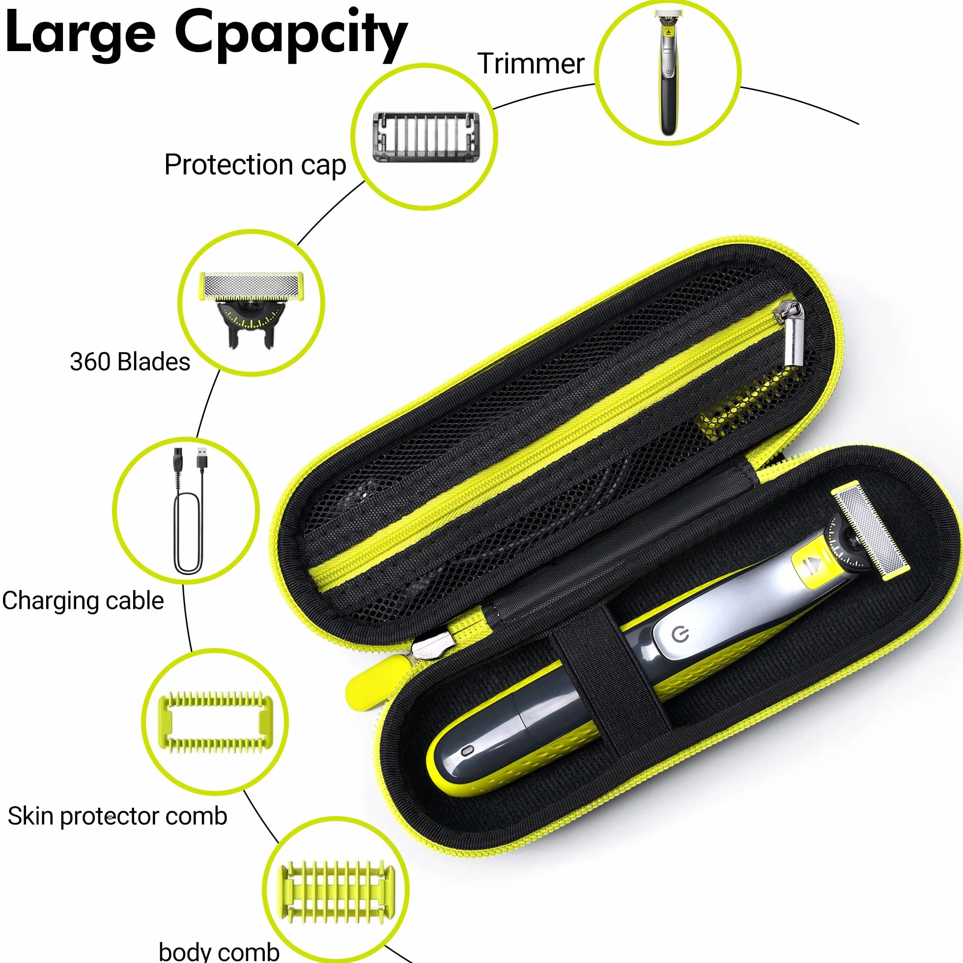 Custodia da viaggio per Philips OneBlade 360/Pro/Intimate Series, custodia rigida in EVA per rasoio elettrico, regolabarba e body groomer con organizer per accessori, nero e verde