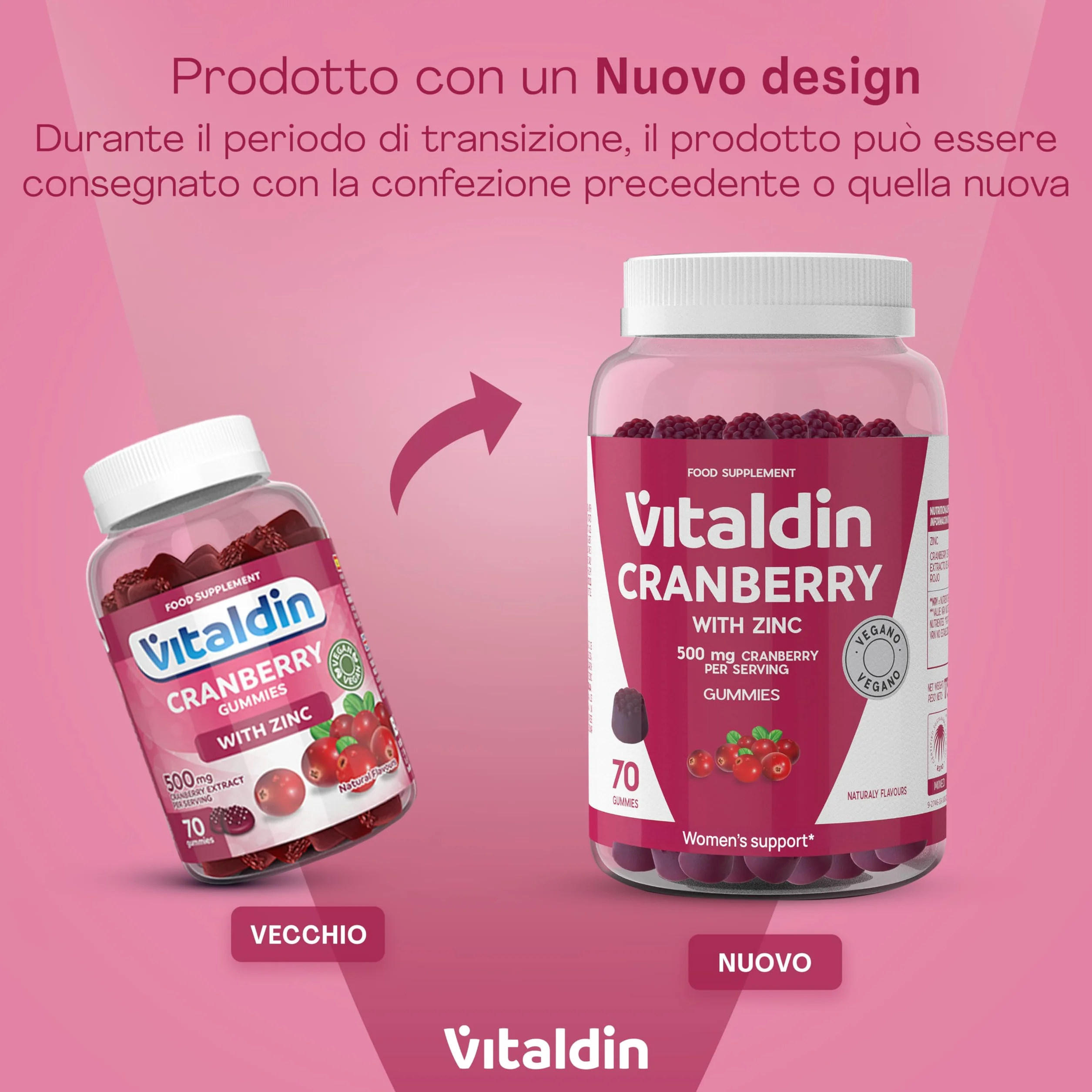 VITALDIN Cranberry Gummies – Integratore di 500 mg di estratto di Mirtillo Rosso + Zinco – 70 Caramelle Gommose, Gusto Mirtilli Rossi – Aiuto delle Vie Urinarie – Vegano