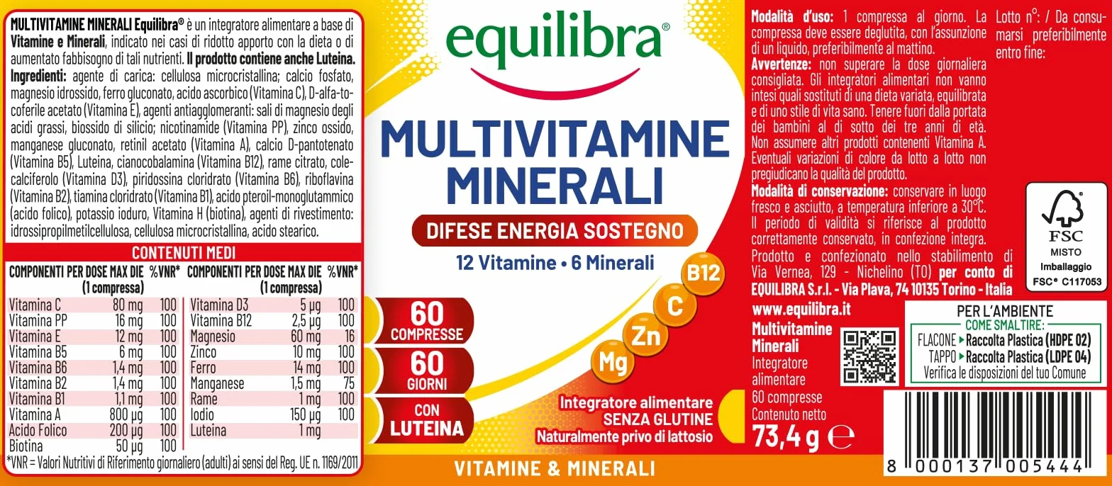 Equilibra Multivitamine e Minerali 12 Vitamine 6 Minerali Luteina 60 Compresse