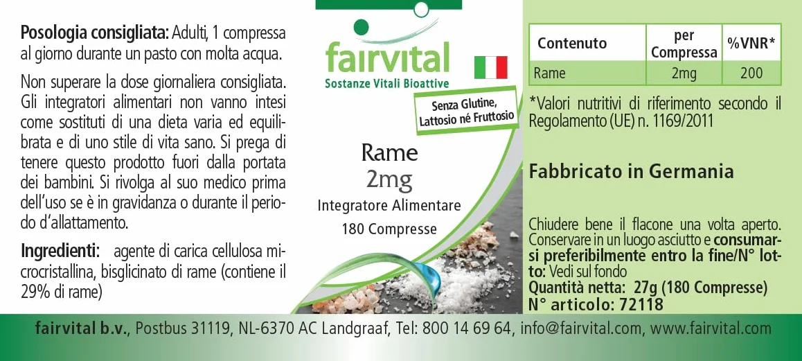 fairvital Rame 2 mg, 180 compresse, facili da deglutire, bisglicinato di rame, qualità testata e ad alto dosaggio, 100% vegano, Made in Germany