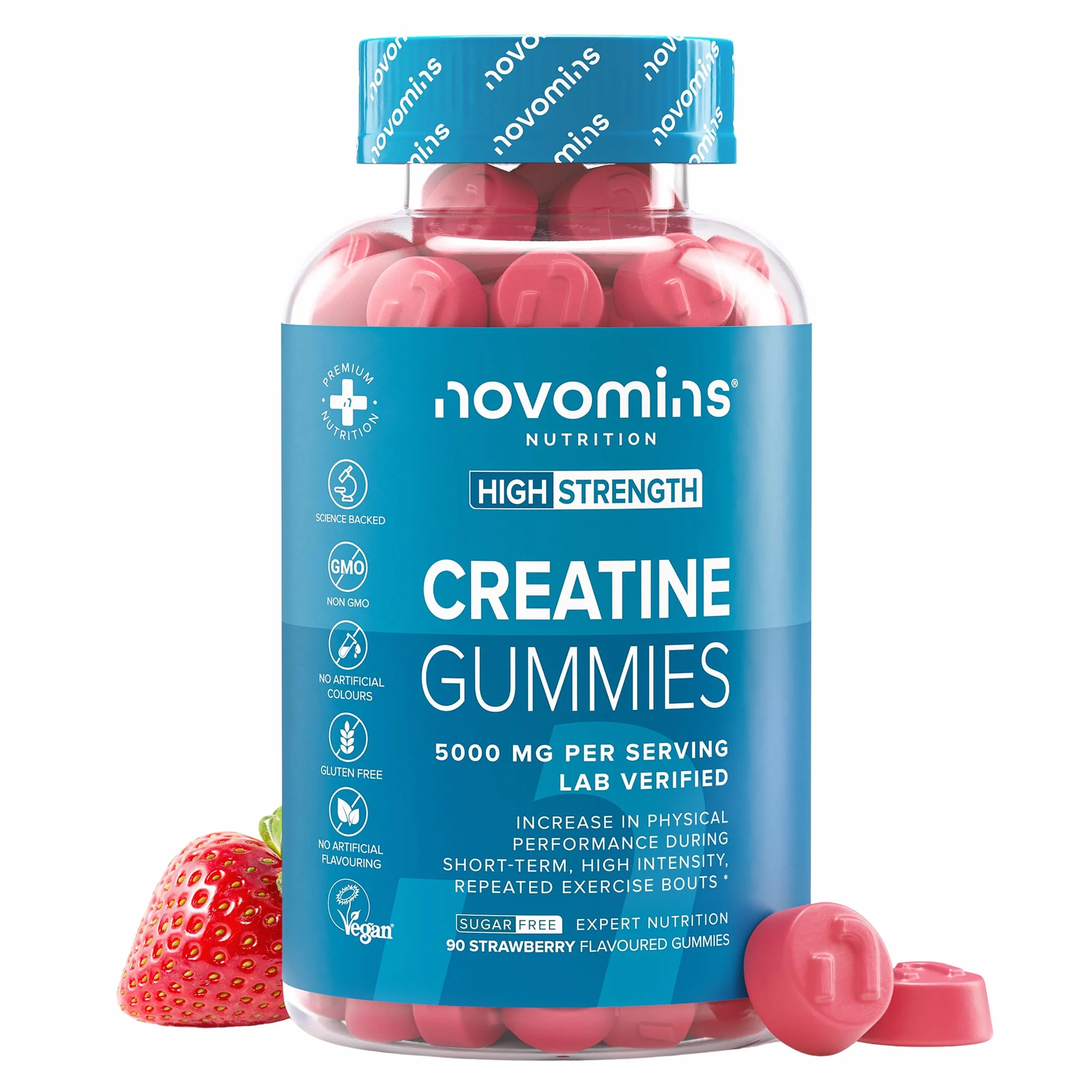 Creatina Monoidrata Gommose – 5000 mg per Porzione ad Alta Forza – Aumenta le Prestazioni Fisiche – Alternativa a Polvere, Compresse e Capsule – Vegana, Gusto Fragola – 90 Gommose – Novomins
