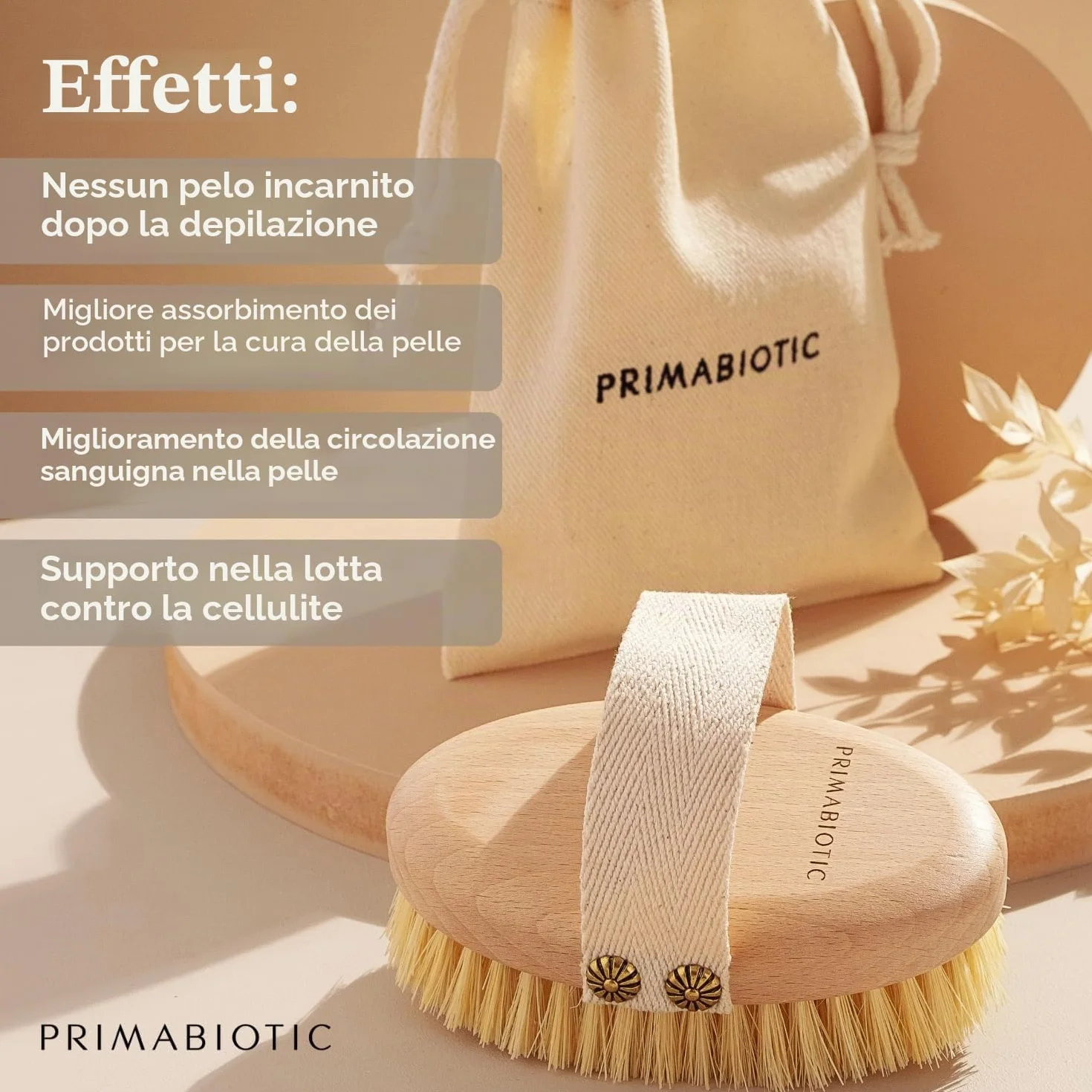 Spazzola per Massaggio Corpo - Primabiotic in Legno di Faggio e Fibre di Agave | Prodotto Ecologico con Custodia | Ideale per Spazzolatura a Secco e Cellulite