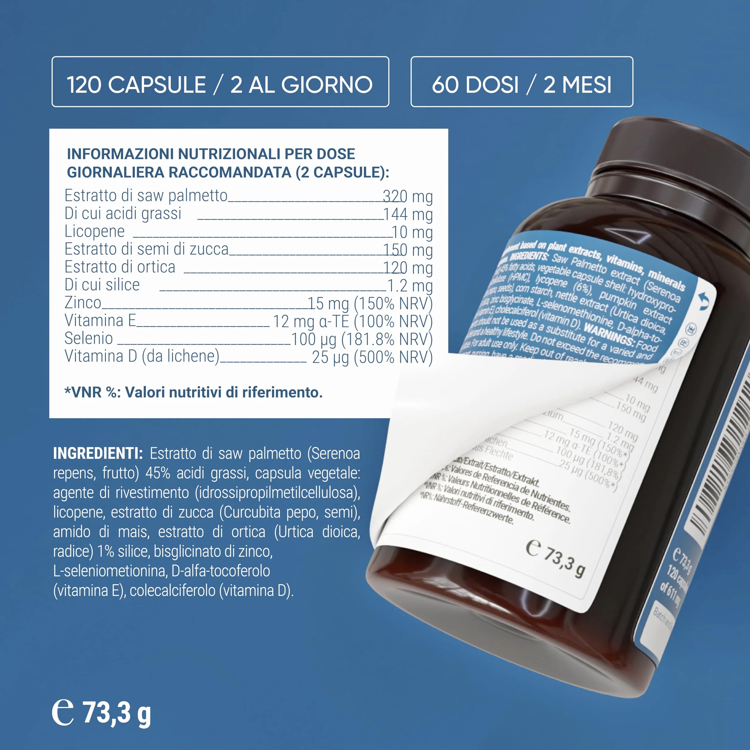 Nullure Saw Palmetto 320 mg Integratore Prostata Serenoa Repens Ortica Licopene Zucca 120 Caps Vegano
