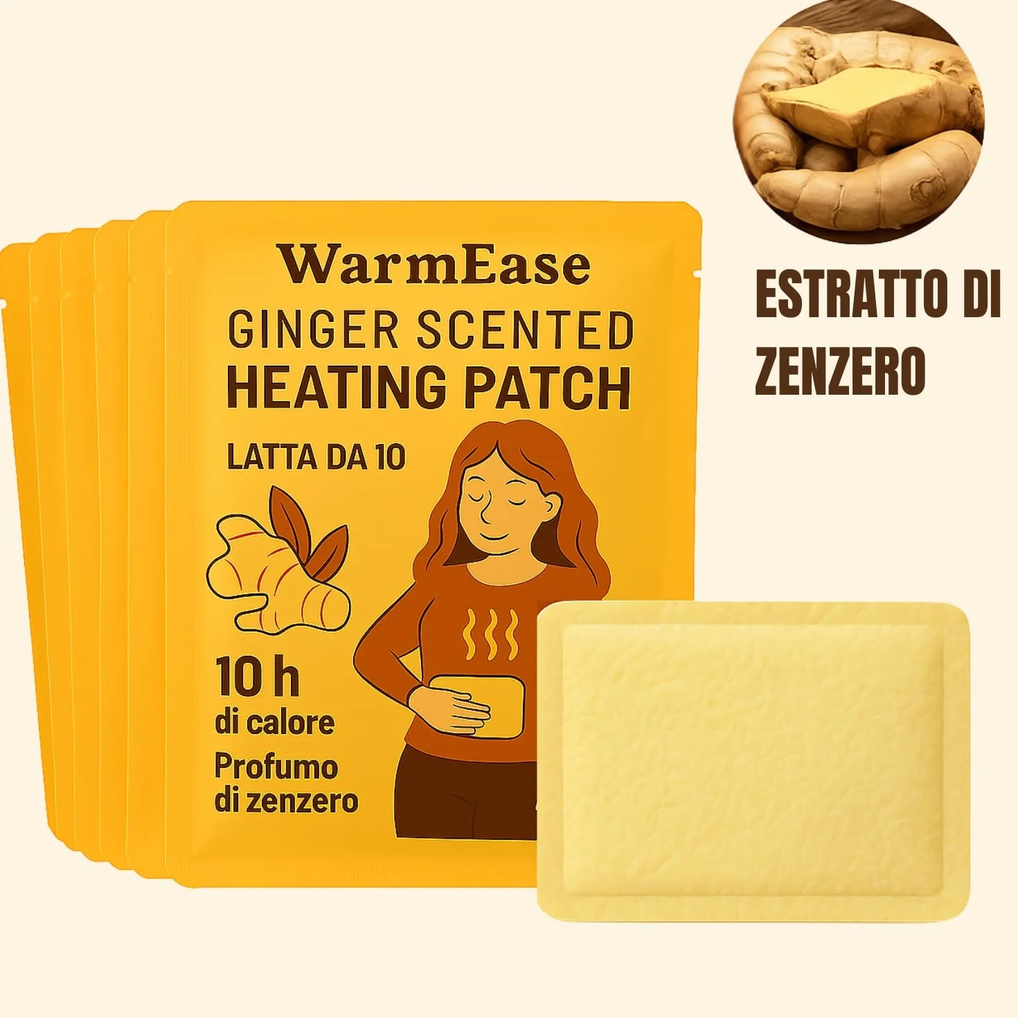 Cerotti Riscaldanti Mestruali Donna – Confezione da 10 – Profumo di Zenzero – Sollievo Crampi – Pad Termico Addominale – 52°C – Monouso (10 unità)