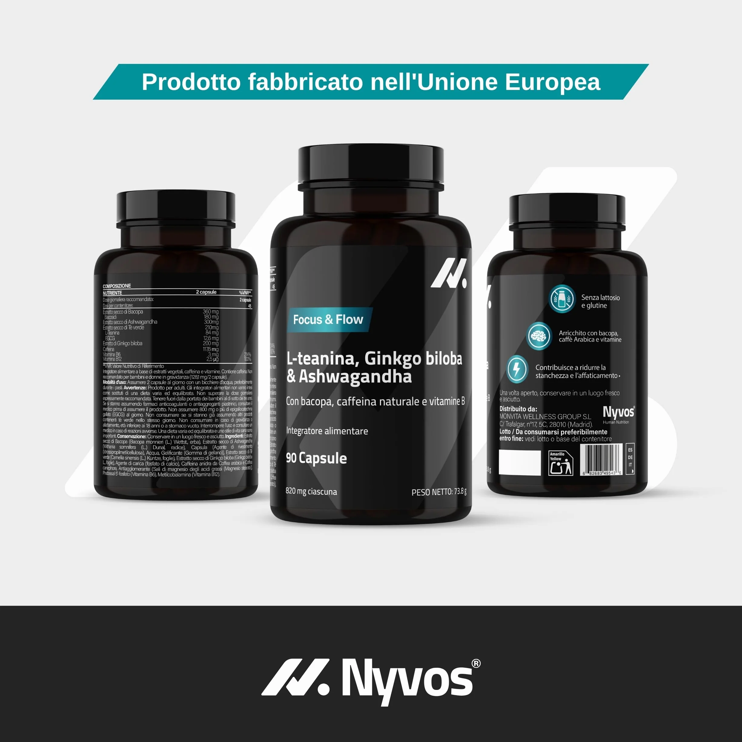 L Teanina, Ginkgo Biloba, Ashwagandha – Nootropico con Bacopa Monnieri, caffeina naturale, vitamine B6 & B12 ad alto dosaggio | Focus, concentrazione & energia senza nervosismo | 90 capsule vegane