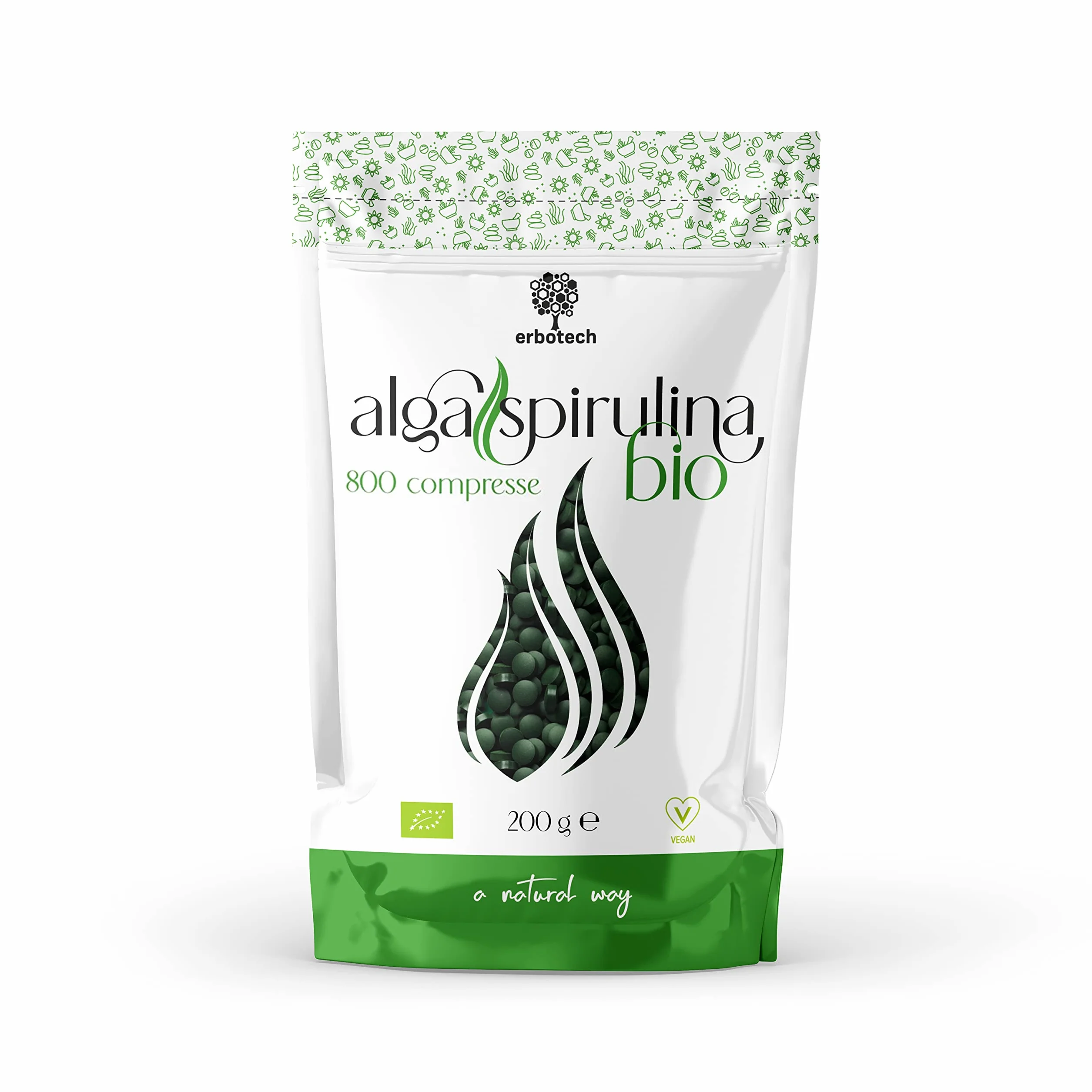 ERBOTECH Spirulina BIO Compresse 200g 800 Capsule Alga Biologica Pura Vegana