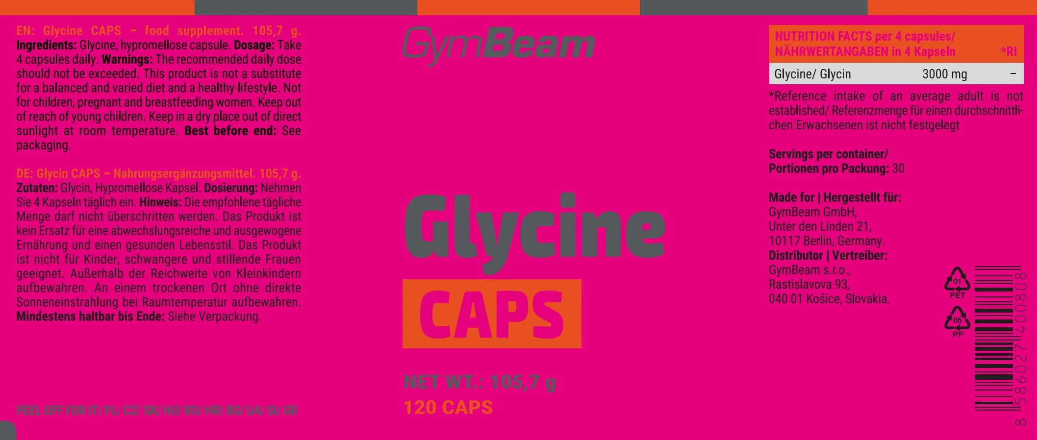 GymBeam Glicina Caps 3000 mg - Integratore Glicina Capsule per Vegani, Glicina Amminoacido - Adatto per Assunzione Giornaliera o Serale - Capsule Facili da Ingerire, 120 cps