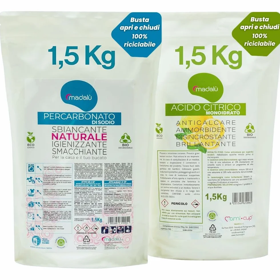 Kit Acido Citrico e Percarbonato di Sodio 1,5+1,5 Kg Sbiancante Bucato Anticalcare Antimuffa