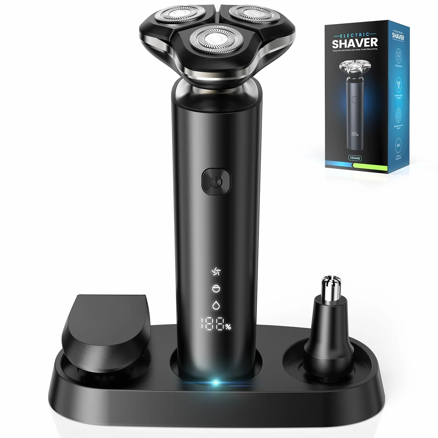 Rasoio Elettrico Barba Uomo IPX7 3D Rotativo con Display LED Wet & Dry Set 3 in 1