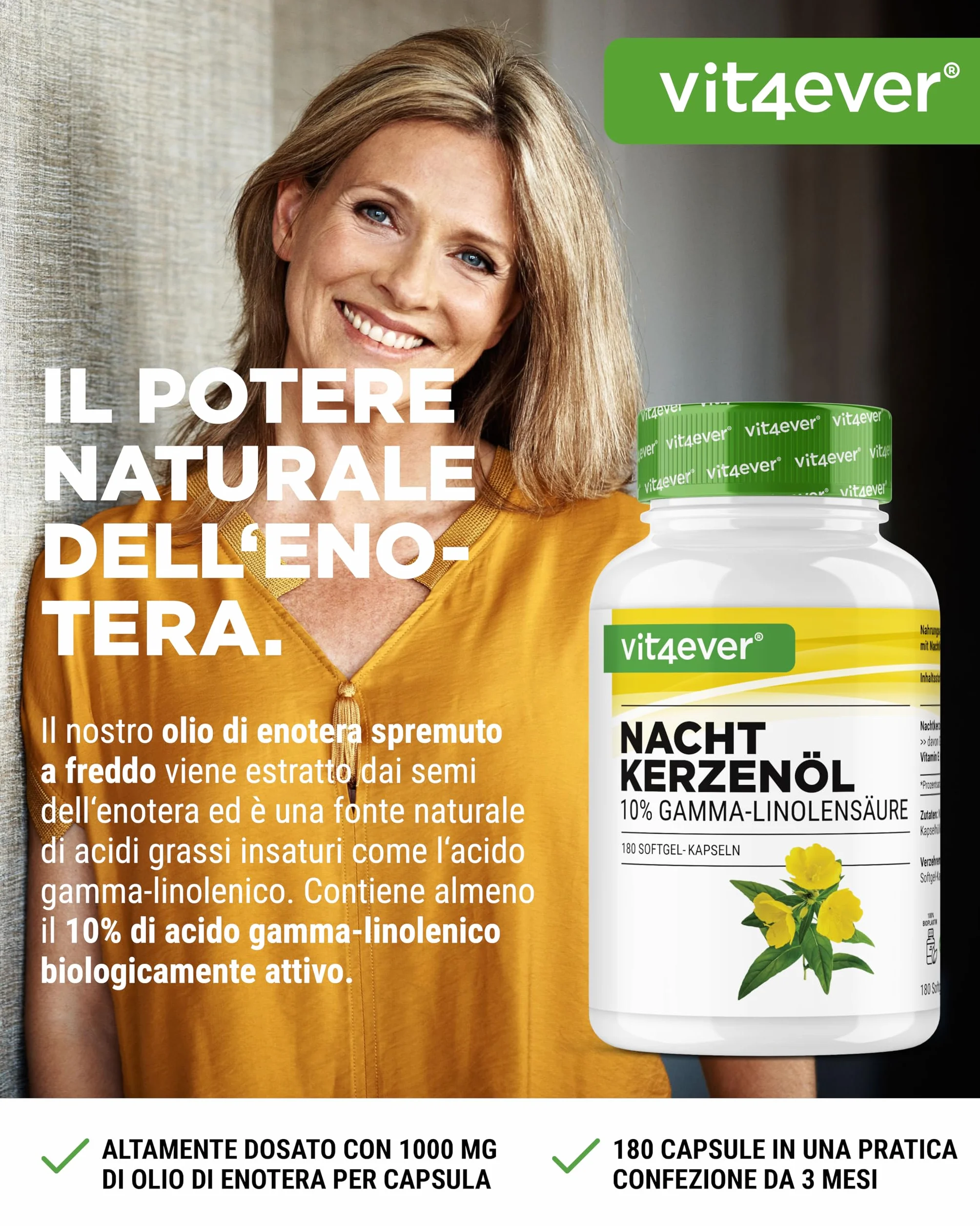 Olio di enotera 180 capsule 2000 mg per dose acido gamma-linolenico GLA 10% vitamina E pressato a freddo