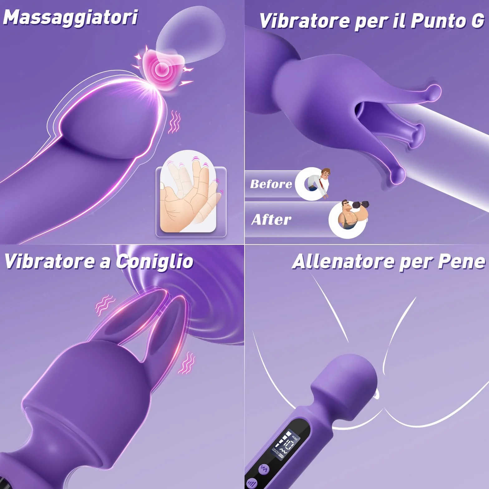 Sexytoysys Set Vibratori con 3 Accessori, 10x4 Modalità, Vibratore per Donna, Dildo Anale, Masturbatore Uomo