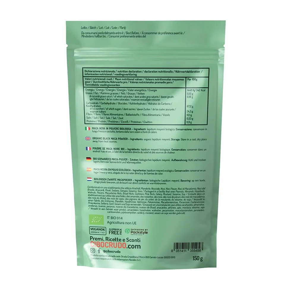 Cibocrudo Maca Nera Delle Ande In Polvere Biologico, Black Maca Powder Raw Organic, Provenienza Perù, Pura Al 100%, Fonte Di Amminoacidi, Acidi Grassi, Calcio, Fosforo, color Beige, 150 g