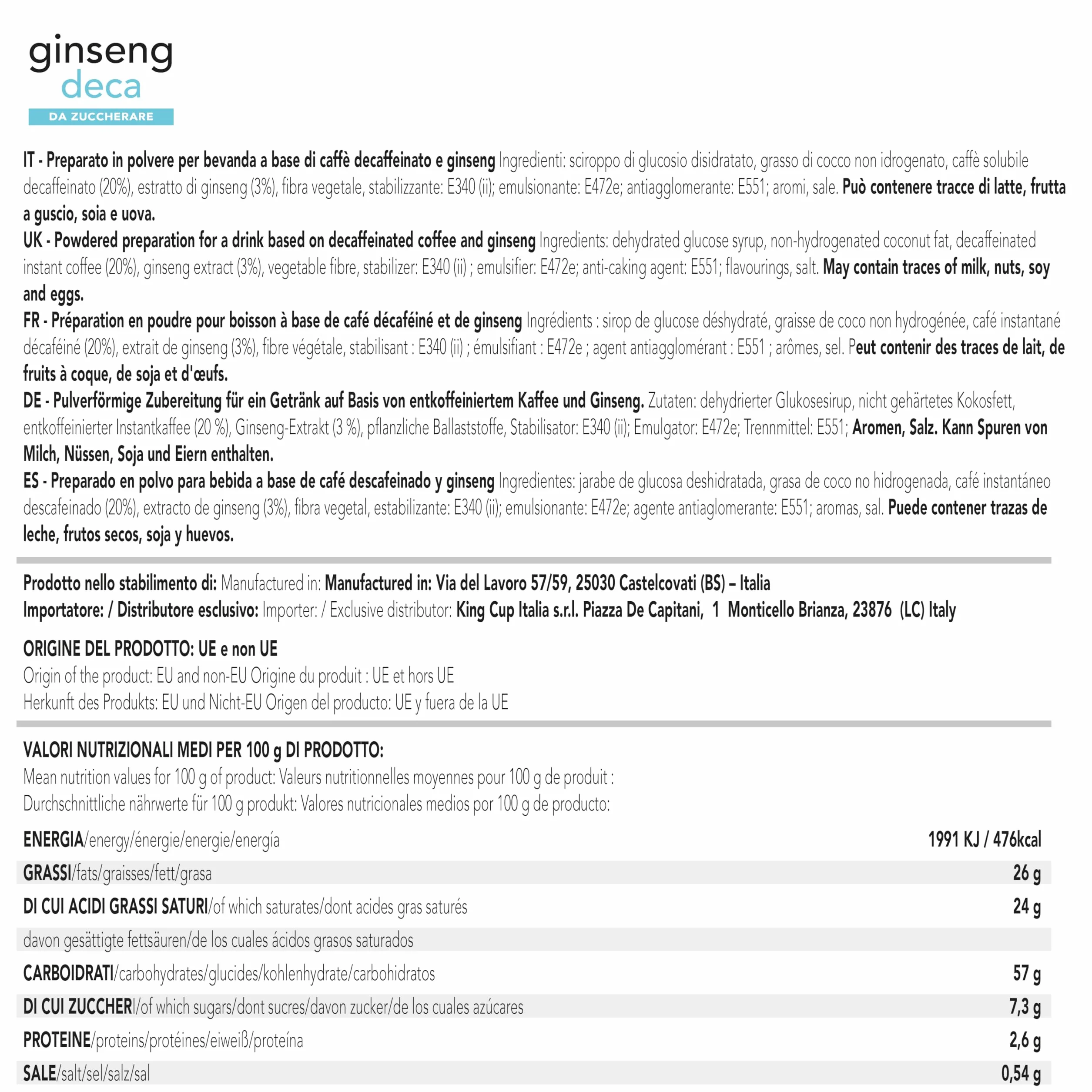 King Cup 5 Confezioni 50 Capsule Ginseng Deca Compatibili Nespresso Senza Glutine
