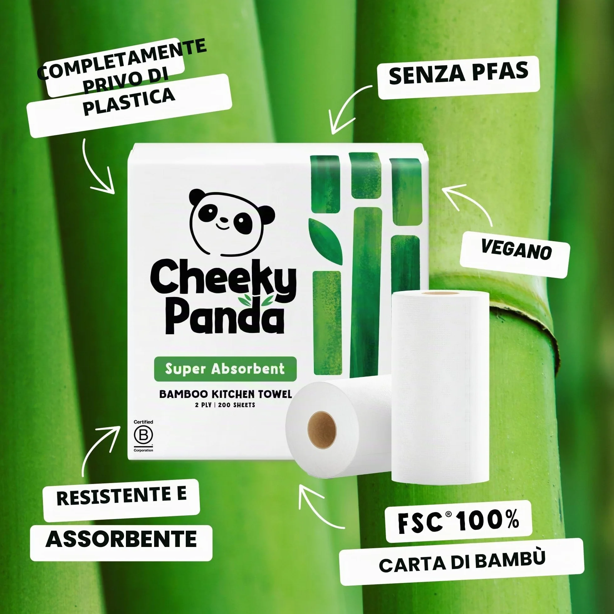 The Cheeky Panda Carta Cucina in Bambù 10 Rotoli Carta Asciugatutto 1000 Fogli Assorbenti 2 Veli