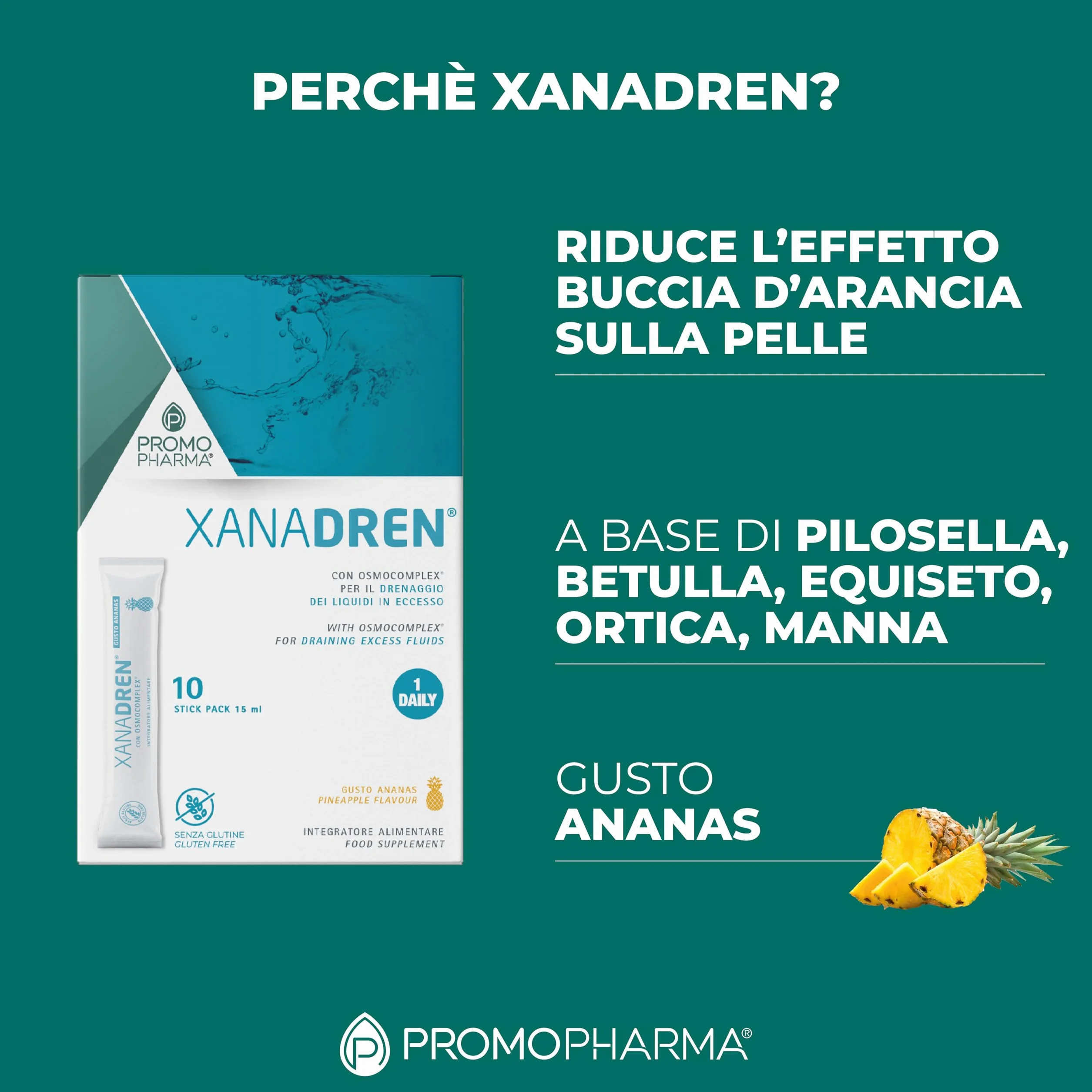 Xanadren MD Integratore Alimentare Betulla Pilosella Equiseto Ortica Drenante Diuresi Ananas 10 Stick 15 ml